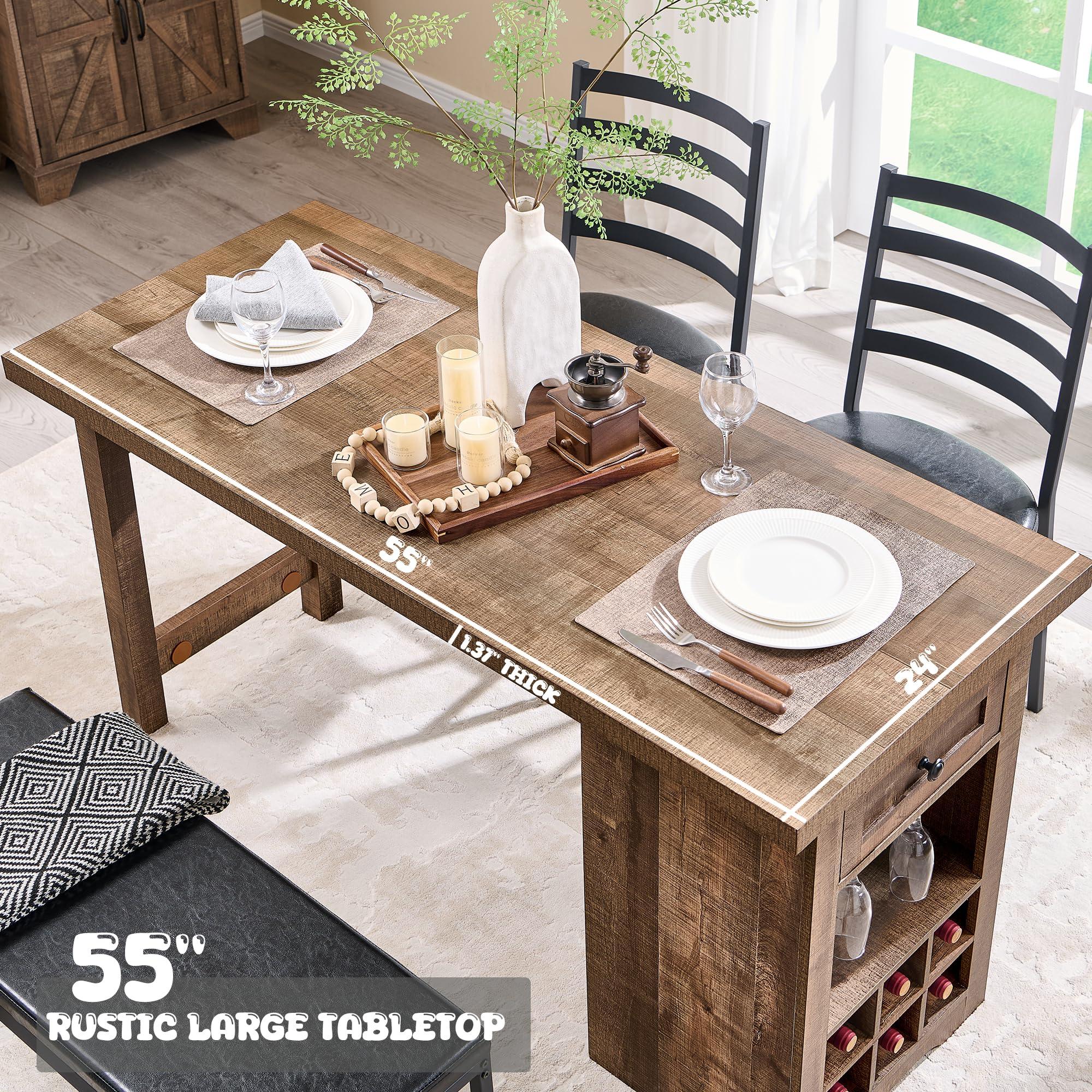 ACCOHOHO Farmhouse Dining Table Set for 4, 55" Large Kitchen Table Set with 2 Chairs and Bench, Rustic Wood Dining Bar Table with Drawer and Wine & Galsses Rack (Light Brown) - Image 3