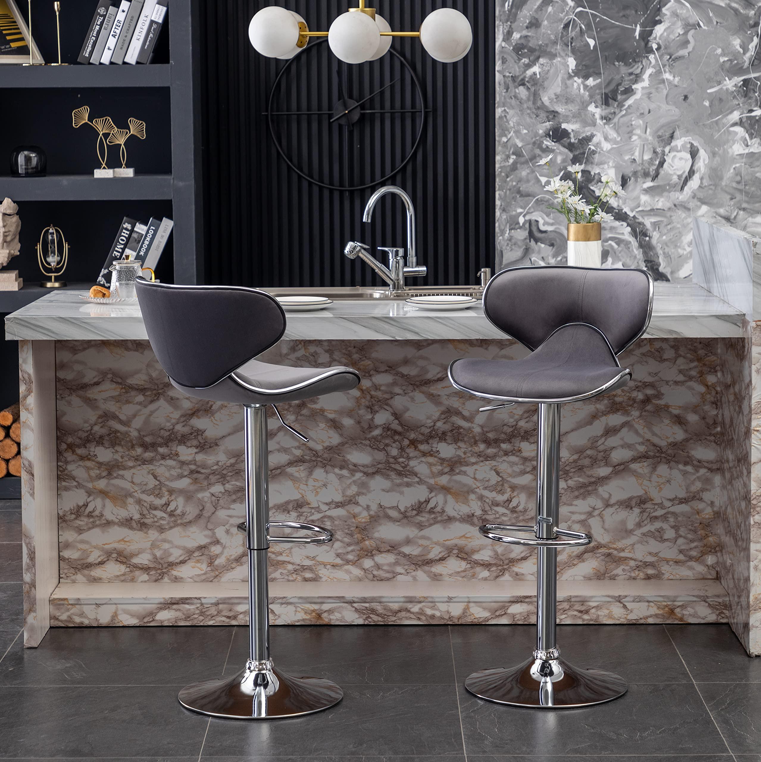 Roundhill Furniture Masaccio Velvet Upholstered Adjustable Swivel Barstool, Set of 2, Gray - Image 4
