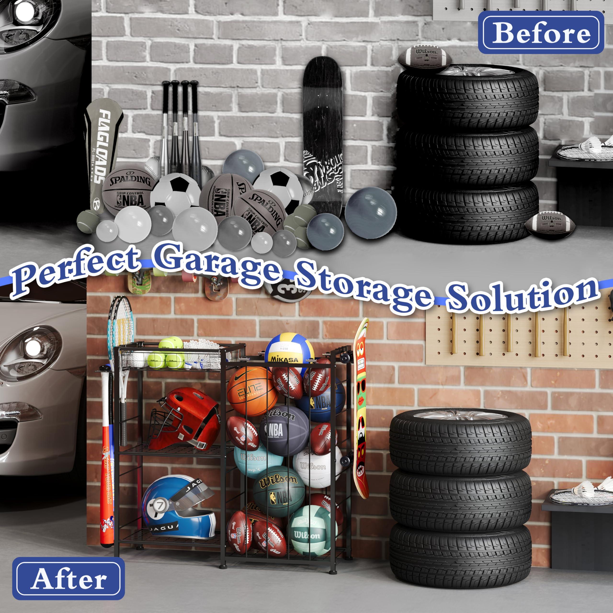 Sports Equipment Organizer, Ball Storage Rack with Elastic Straps and Removable Basket for Garage Organization, Garage Organizer with Hooks for Toy Sports Gear Storage, Sports Ball Storage Cart, Black - Image 9