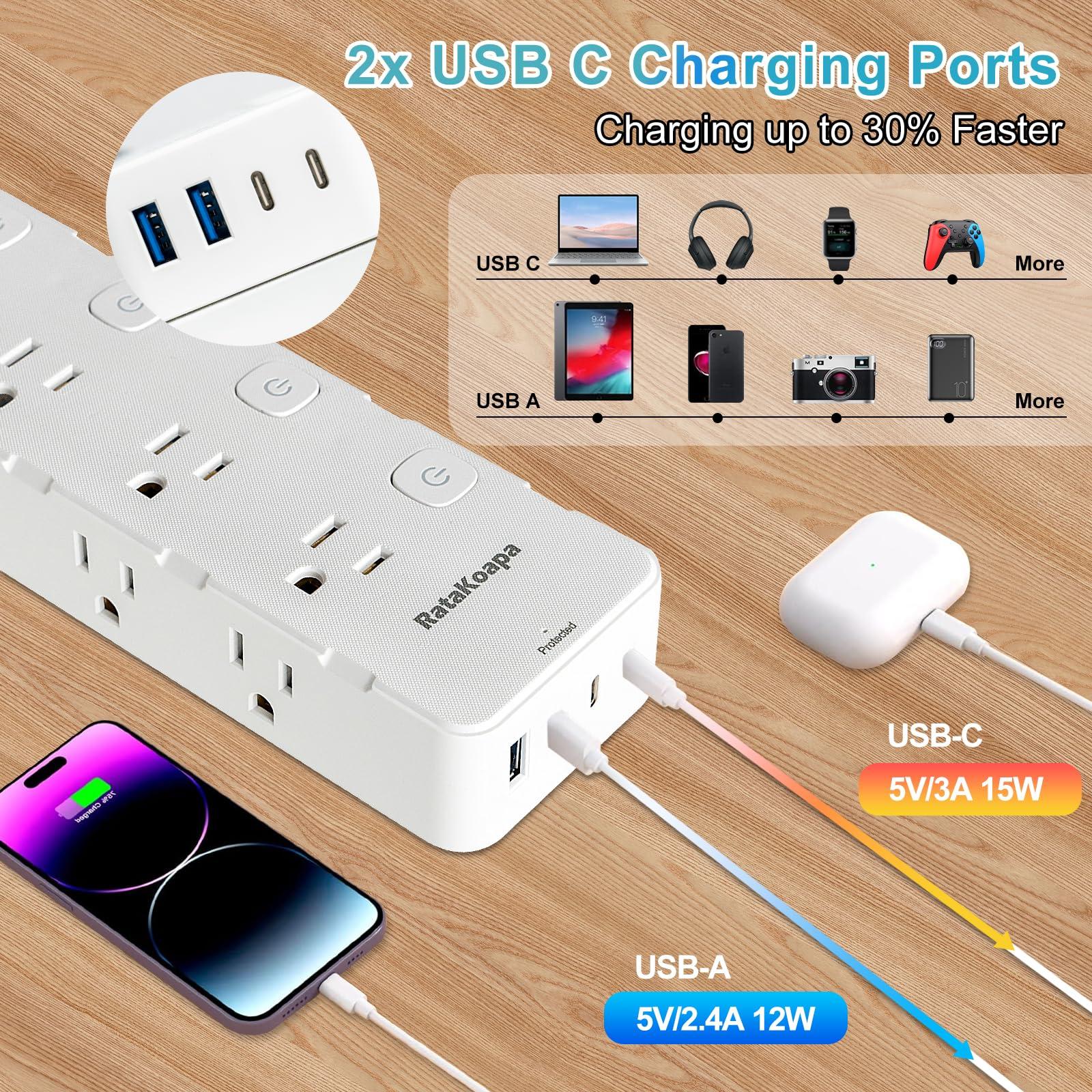 10 Ft Surge Protector Power Strip - 8 Widely AC Outlet 4 USB Ports(2 USB C), Flat Plug Extension Cord with Multiple Outlets, Individual Switches, Desk Extender for Dorm, Home, Office Essentials, 1400J - Image 6