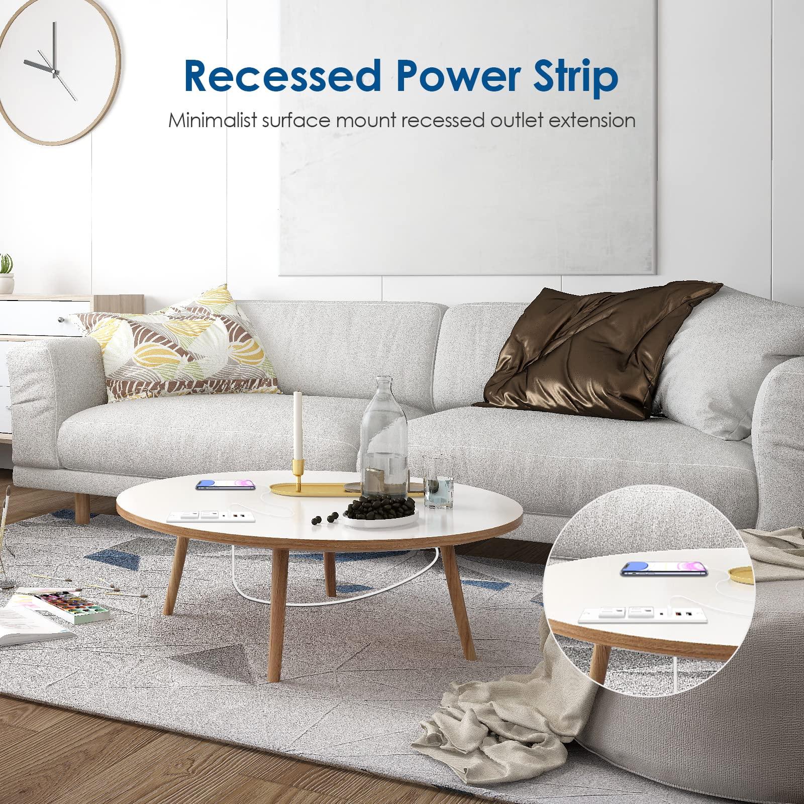 Recessed Power Strip with 30W USB C,Ultra Thin Flat Plug Power Strip,2 Outlets 4 USB Ports,Furniture Flush Mount Desk Outlet,Recessed Outlet for Side Table/Sofa Table,6ft Cord (White) - Image 6