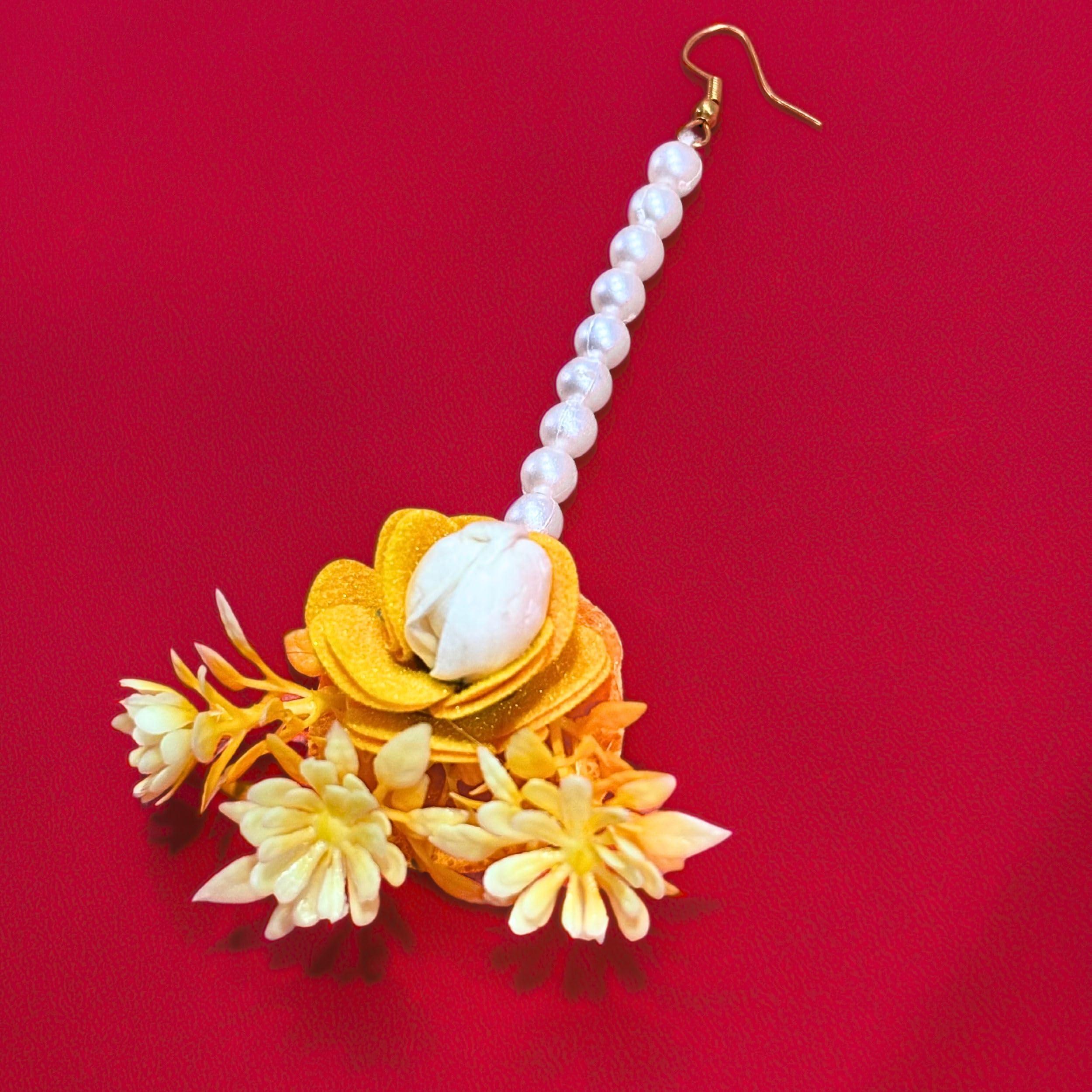 Flower Maang Tikka Set for Wedding | Sagai| Haldi | Mehandi | Party in Yellow Colour for Women, Floral Jewellery/Jewelry Mangtika Combo 5 Pcs - Image 3
