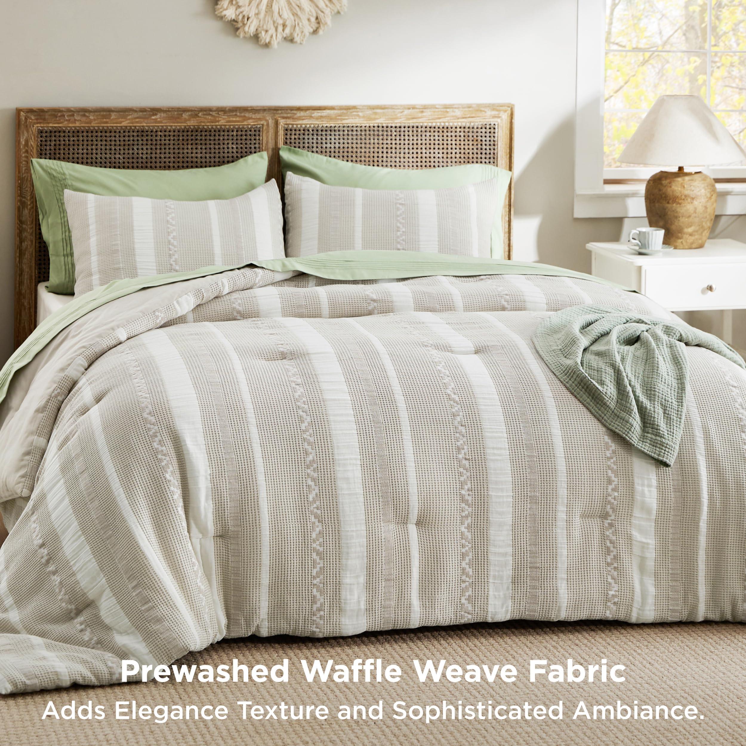 Bedsure Waffle Queen Comforter Set - Linen Soft Cotton Bedding Set for All Seasons, Stripe Fluffy Bed Set 3 Pieces with 1 Waffle Weave Comforter Queen Size and 2 Pillow Shams - Image 3