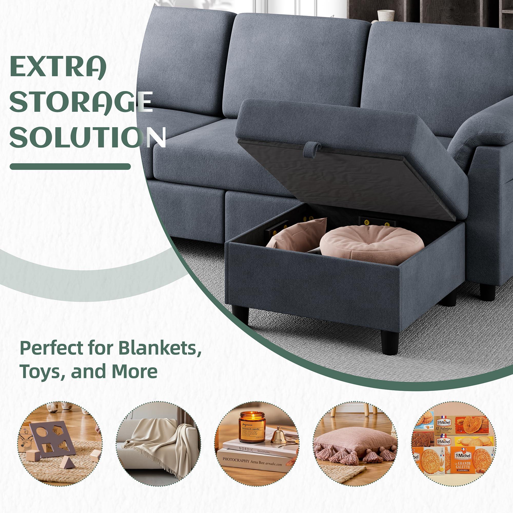 Vongrasig 79" Convertible Sectional Couch Sofa with Storage Ottoman, 3 Seat L Shaped Couch with Side Storage Pockage, Linen Fabric Small Couches for Living Room, Apartment and Small Space, Gre - Image 4