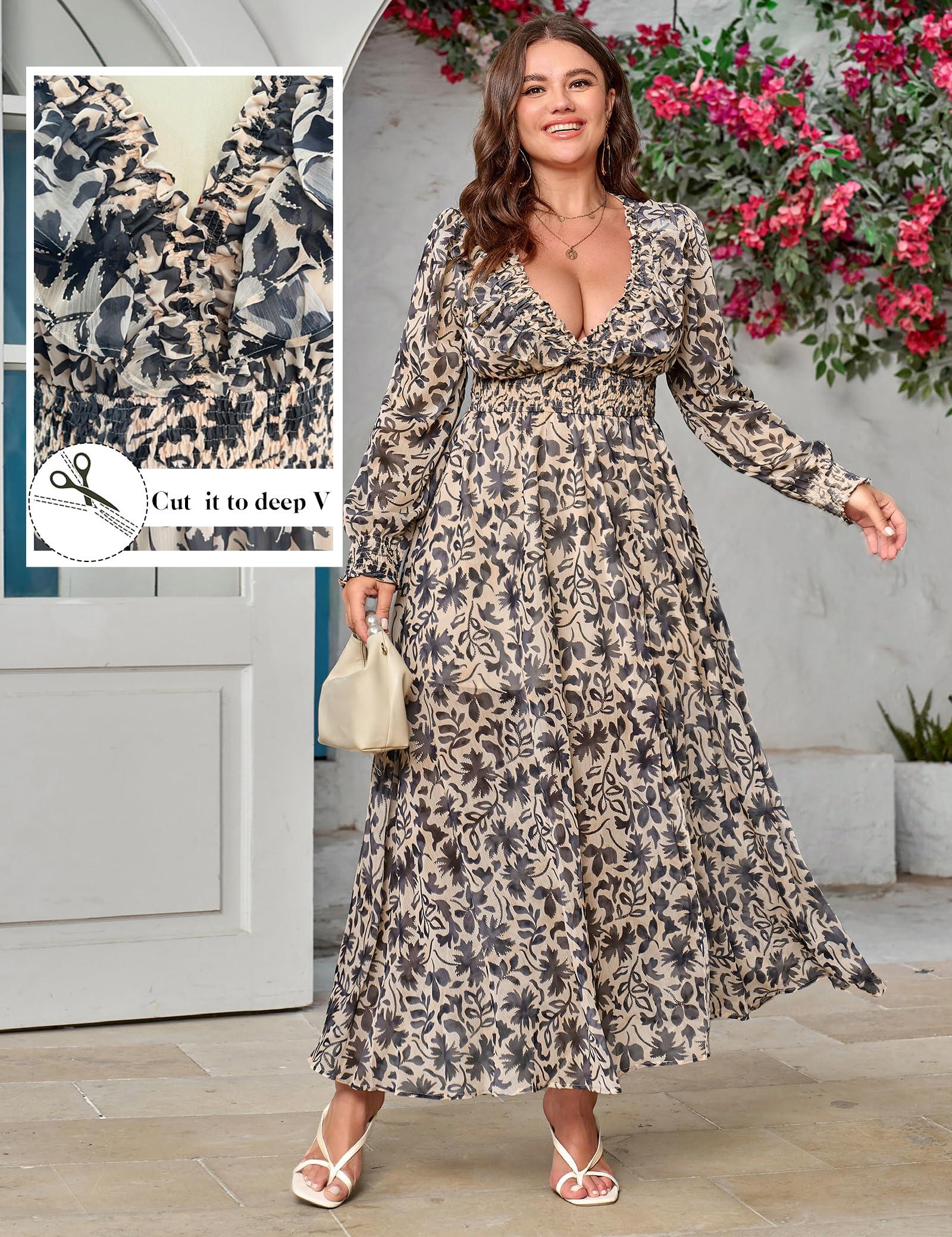 Chiffon Dresses for Women Deep V Neck Floral Long Sleeve Slit Evening Party Wedding Guest Dress - Image 2