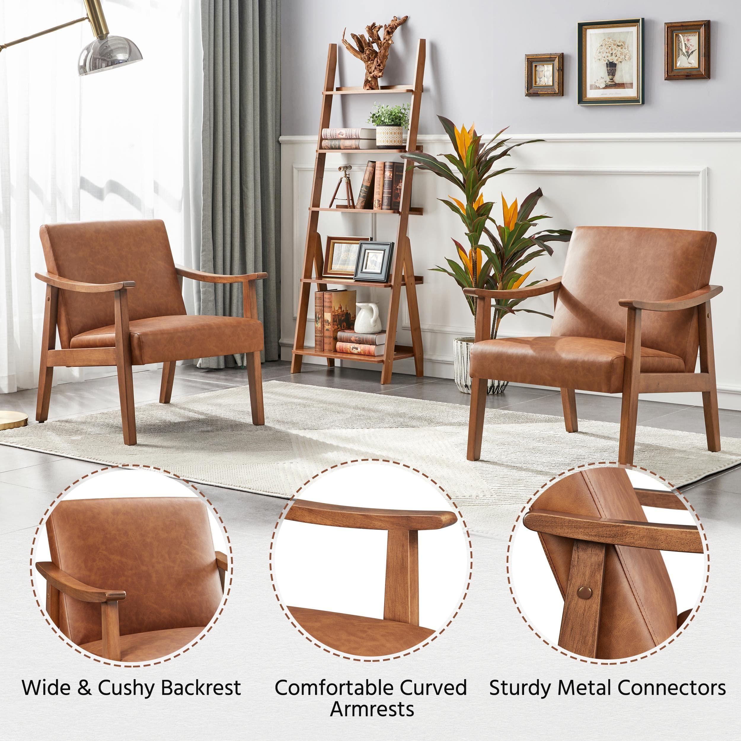 Yaheetech PU Leather Accent Chair, Mid-Century Modern Armchair with Solid Wood Legs, Reading Leisure Chair for Living Room Bedroom Waiting Room, Light Brown, Set of 2 - Image 4