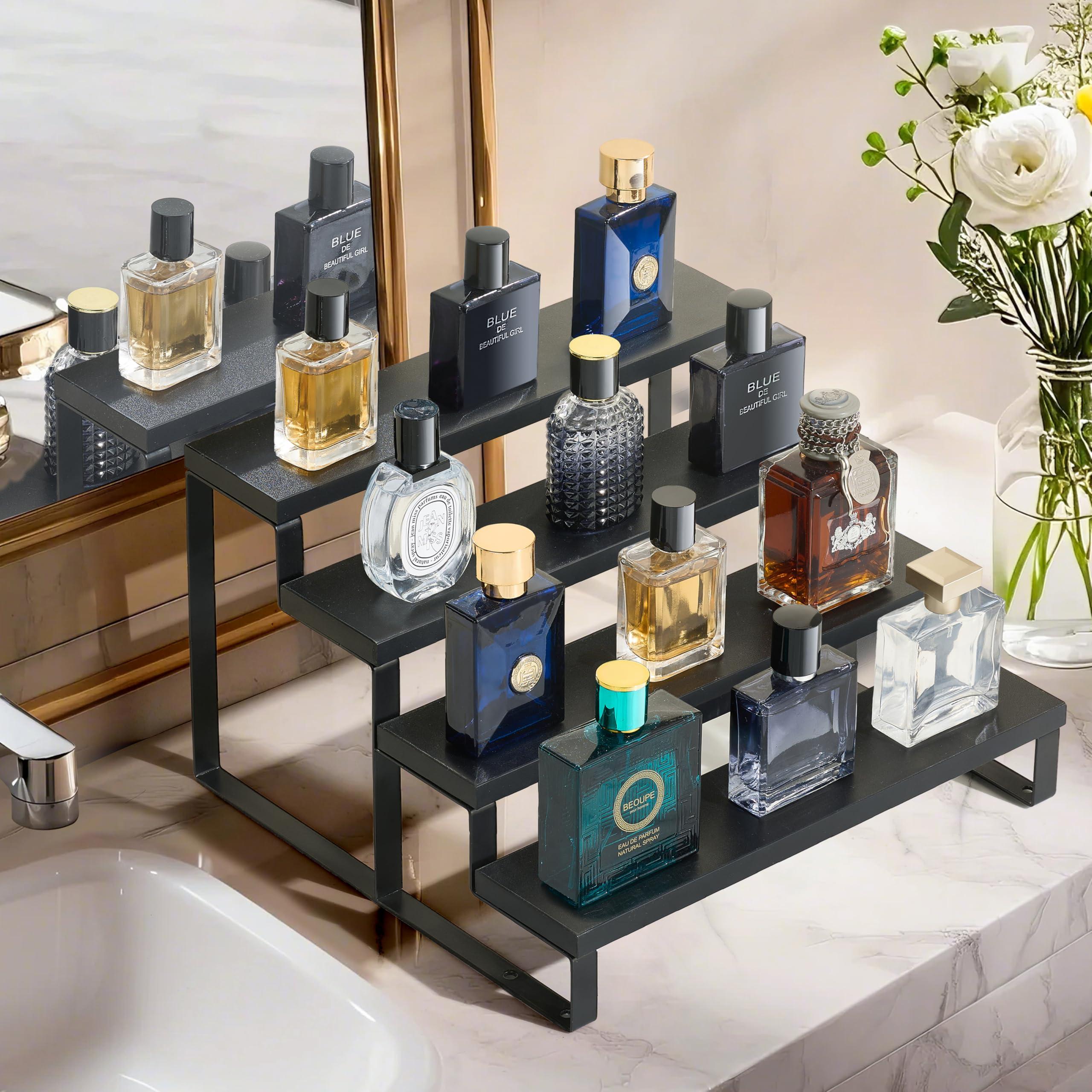 Wood Cologne Organizer for Men,12 Inch 4 Tier Cologne Stand Waterproof Perfume Organizer for Dresser with Anti-Slip Washers,Wooden Display Risers Stand for Party,Makeup,Figures,Cupcake,Perfume,Dessert - Image 4
