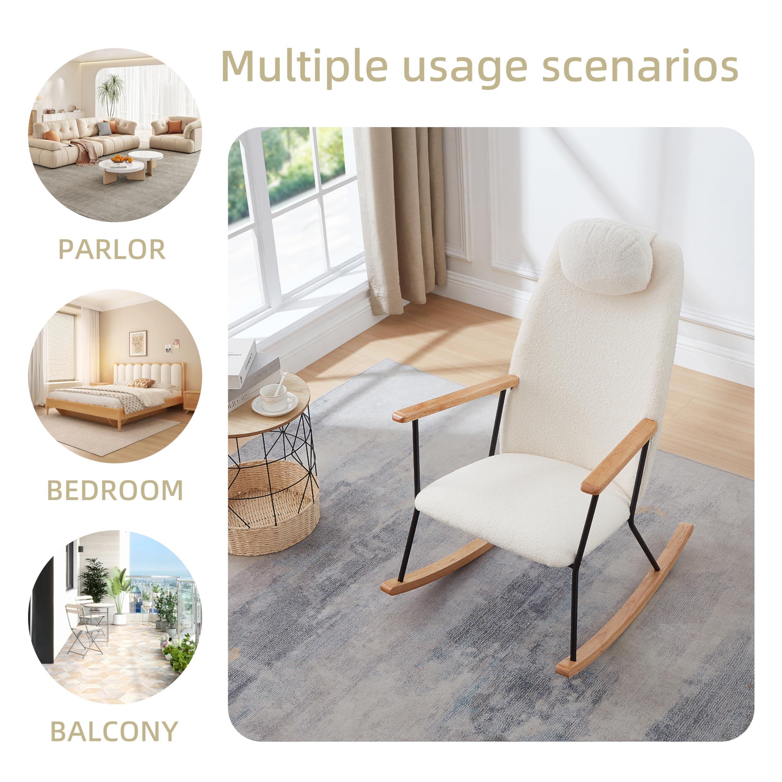 VeroFree Adjustable Headrest Pillow Rocking Chair, Teddy Fabric Glider Rocker with High Backrest – Modern Nursery, Bedroom, Living Room Accent Chair (White + Nature) - Image 5