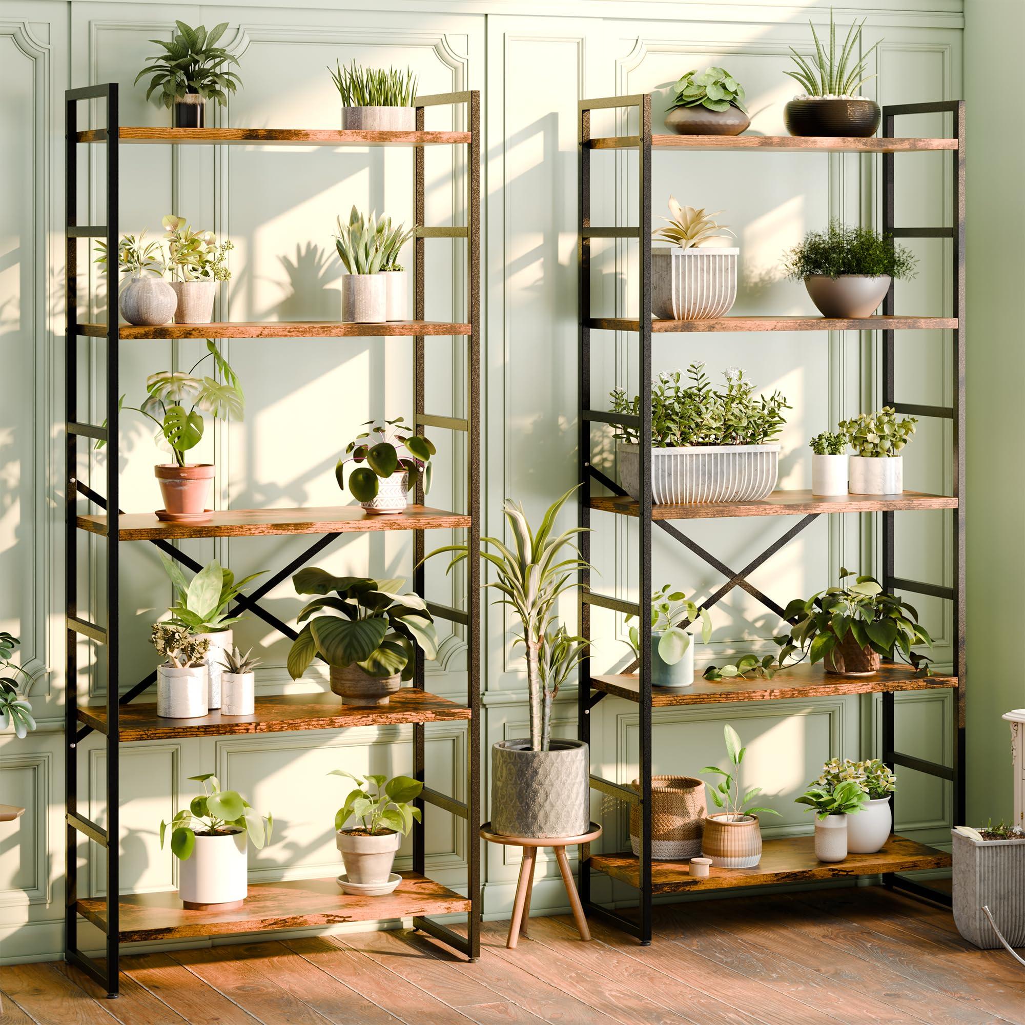 Shintenchi 2 Pieces 5 Tiers Bookshelf, Classically Tall Bookcase Shelf, Industrial Book Rack, Modern Book Holder in Bedroom/Living Room/Home/Office, Storage Rack Shelves for Books/Movies-Rustic Brown - Image 3