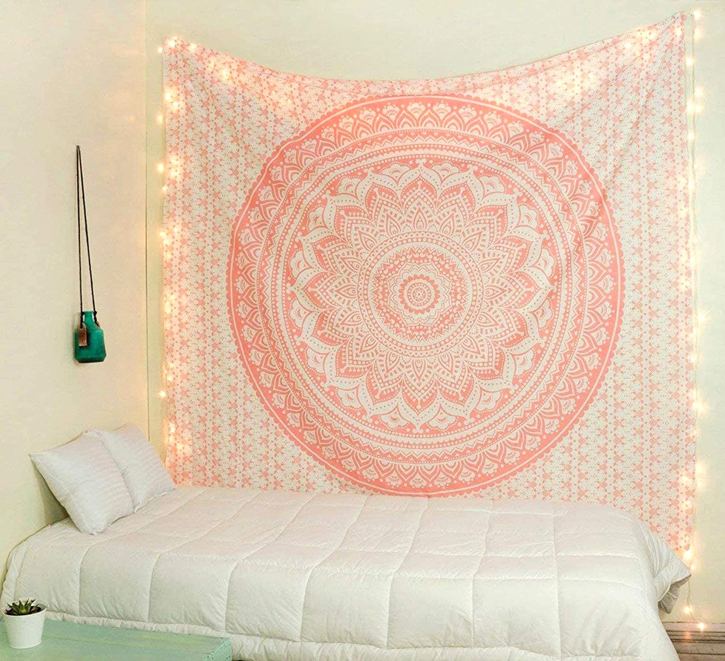 raajsee Rose Gold Ombre Tapestry Wall Hanging Mandala-Bohemian Room Decor-Indian Cotton Throw Hippie Tapestries -Boho Bedding Twin bedspread 52x82 Imches