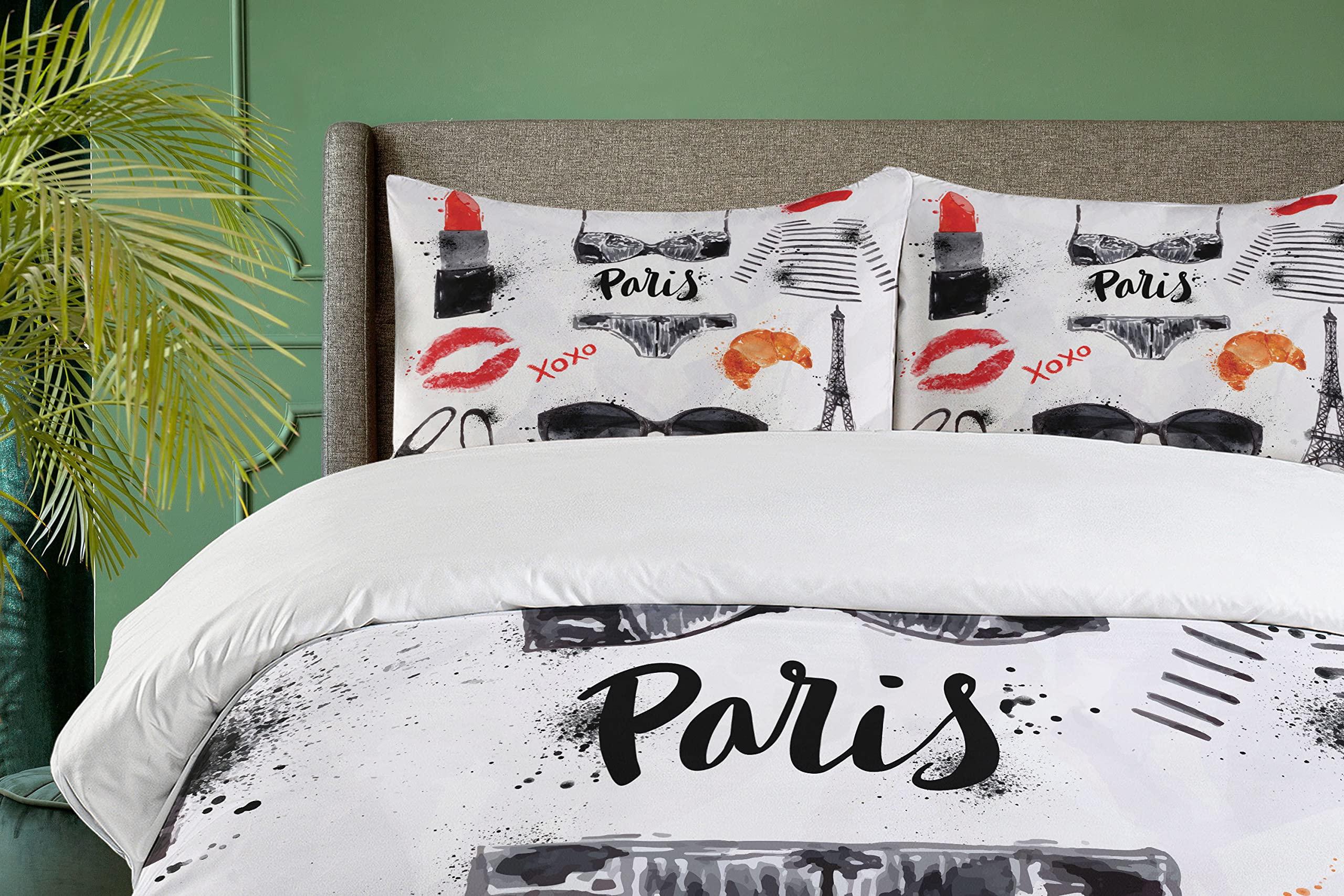 Lunarable Paris Duvet Cover Set, Eiffel Tower Glasses Lipstick Shoes Lingerie Accessories, Decorative 3 Piece Bedding Set with 2 Pillow Shams, California King, Vermilion Pale Grey - Image 2