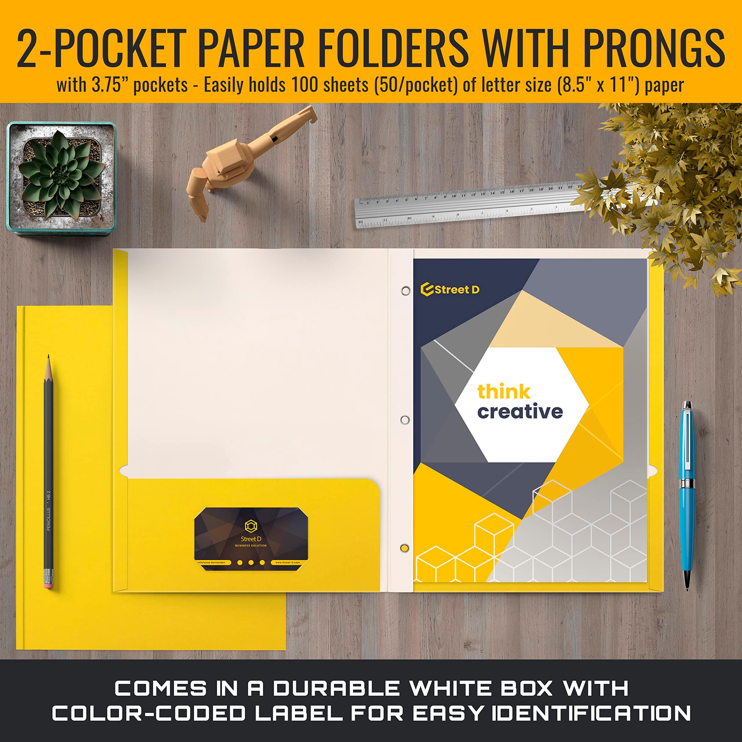 Better Office Products Yellow Paper 2 Pocket Folders with Prongs, 50 Pack, Matte Texture, Letter Size Paper Folders, 50 Pack, with 3 Metal Prong Fastener Clips, Yellow - Image 3