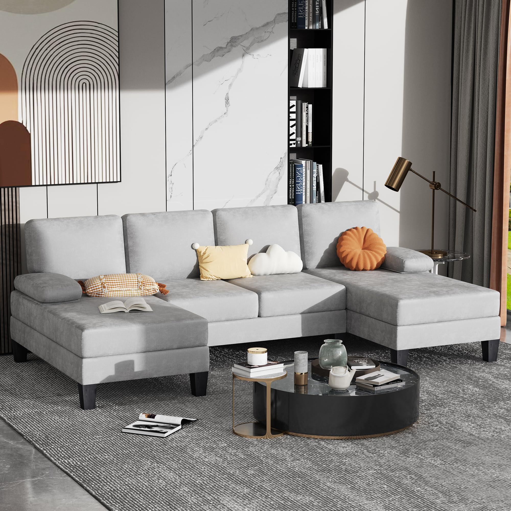 Bezseller 107.3" Sectional Couches for Living Room, U Shaped Modular Sofa Couch with Cushion & Chenille Fabric, 4-Seat Comfy Furniture Sets with Double Chaise for Apartment, Reception Room, Grey - Image 9