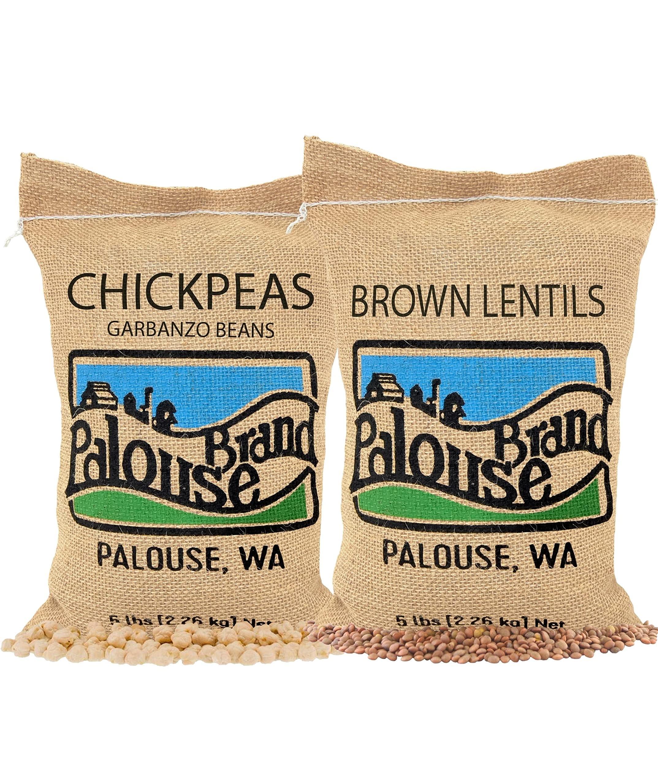 Certified Glyphosate Residue Free Chickpeas and Brown Lentils | 10 LBS Total | Desiccant Free | Family Farmed in Washington State | Non-GMO Project Verified | Kosher | Field Traced | Burlap Bags (5 Pound, Pack of 2)