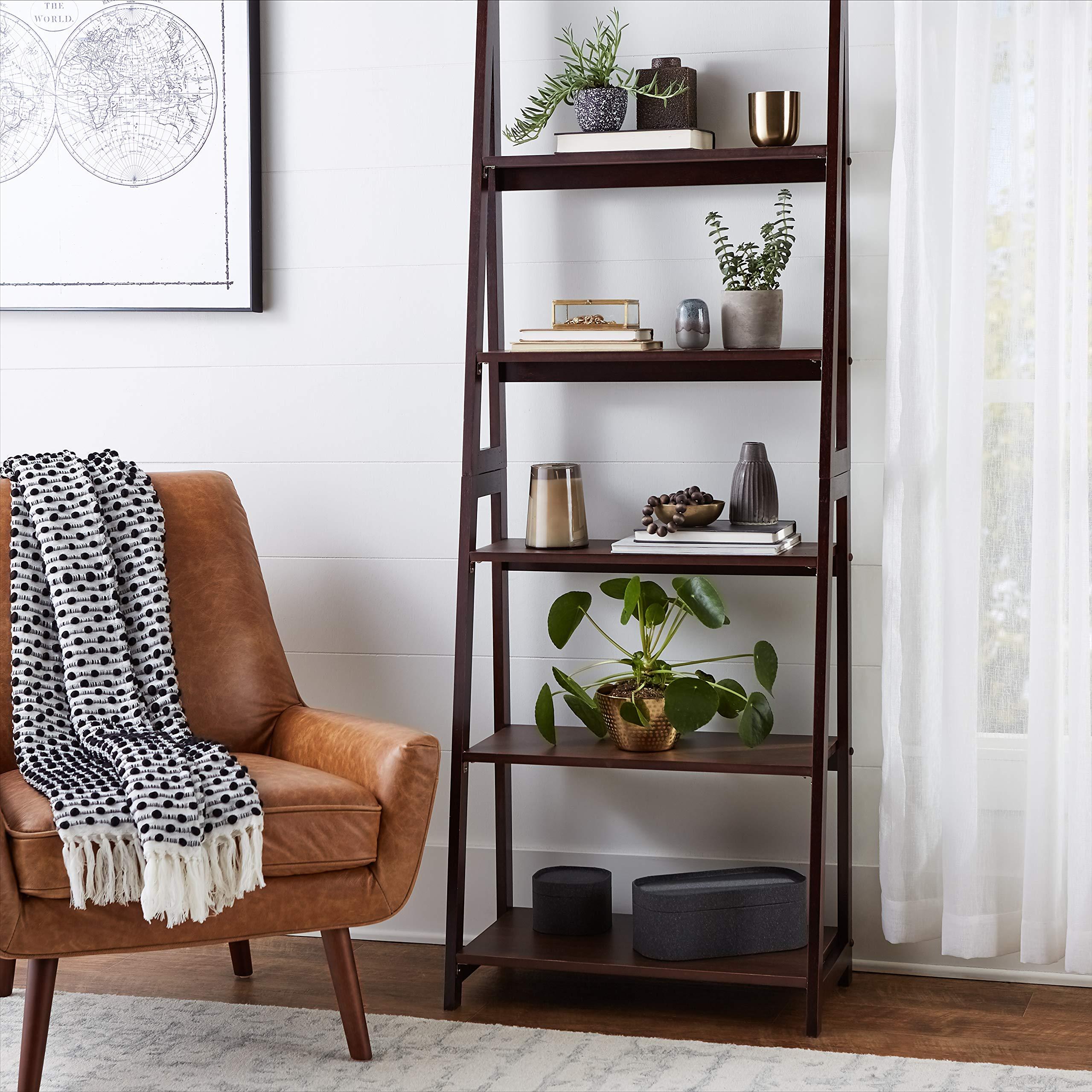 Amazon Basics Ladder Bookshelf Organizer, Solid Rubberwood Frame, Espresso Finish, 5 Shelves, 14" D x 24.8" W x 70.1" H - Image 2