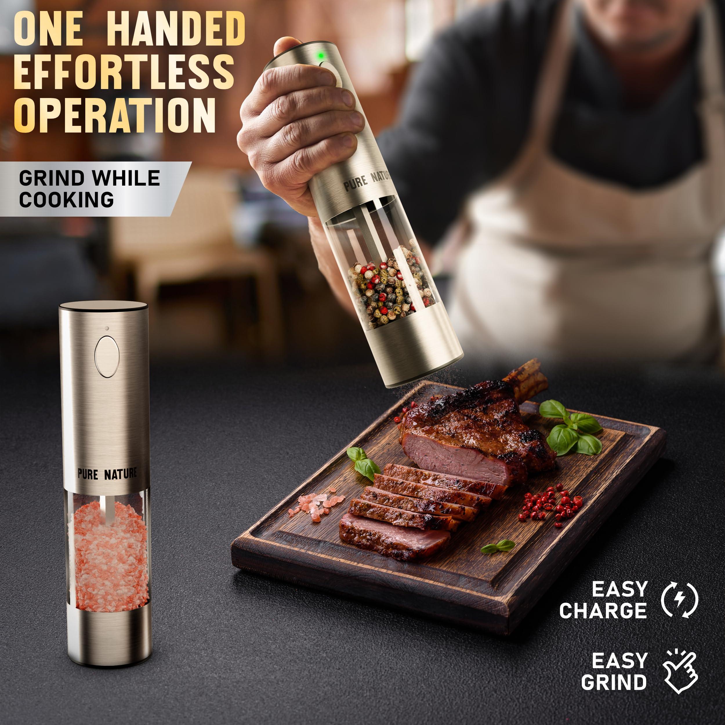 Pure Nature Salt and Pepper Grinder Set with rechargeable base. Premium Stainless Steel up-graded larger capacity with LED Lights, 5 Adjustable Coarseness, Refillable, Type-C Fast Charging. - Image 5