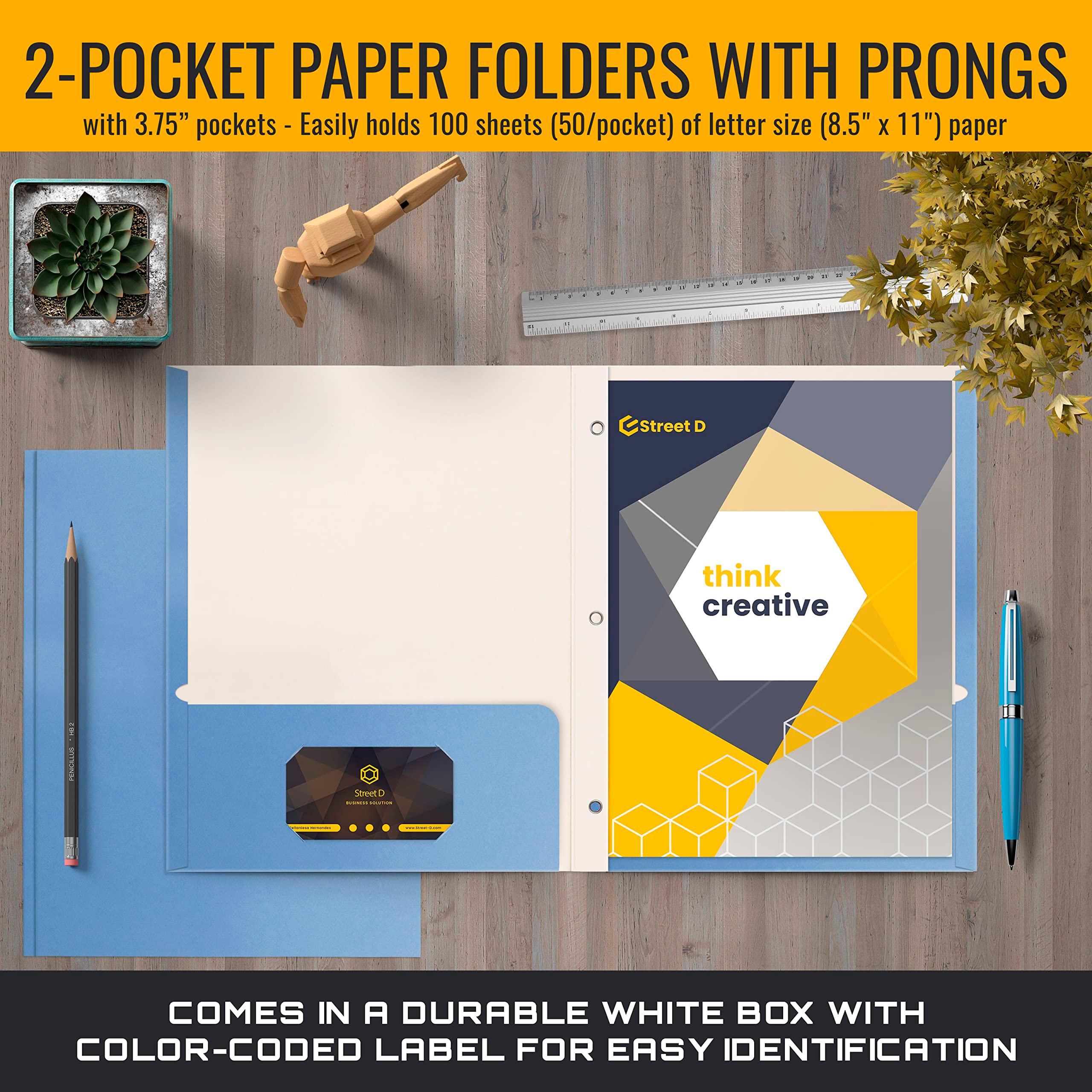 Better Office Products Light Blue Paper 2 Pocket Folders with Prongs, 50 Pack, Matte Texture, Letter Size Paper Folders, 50 Pack, with 3 Metal Prong Fastener Clips, Light Blue - Image 3