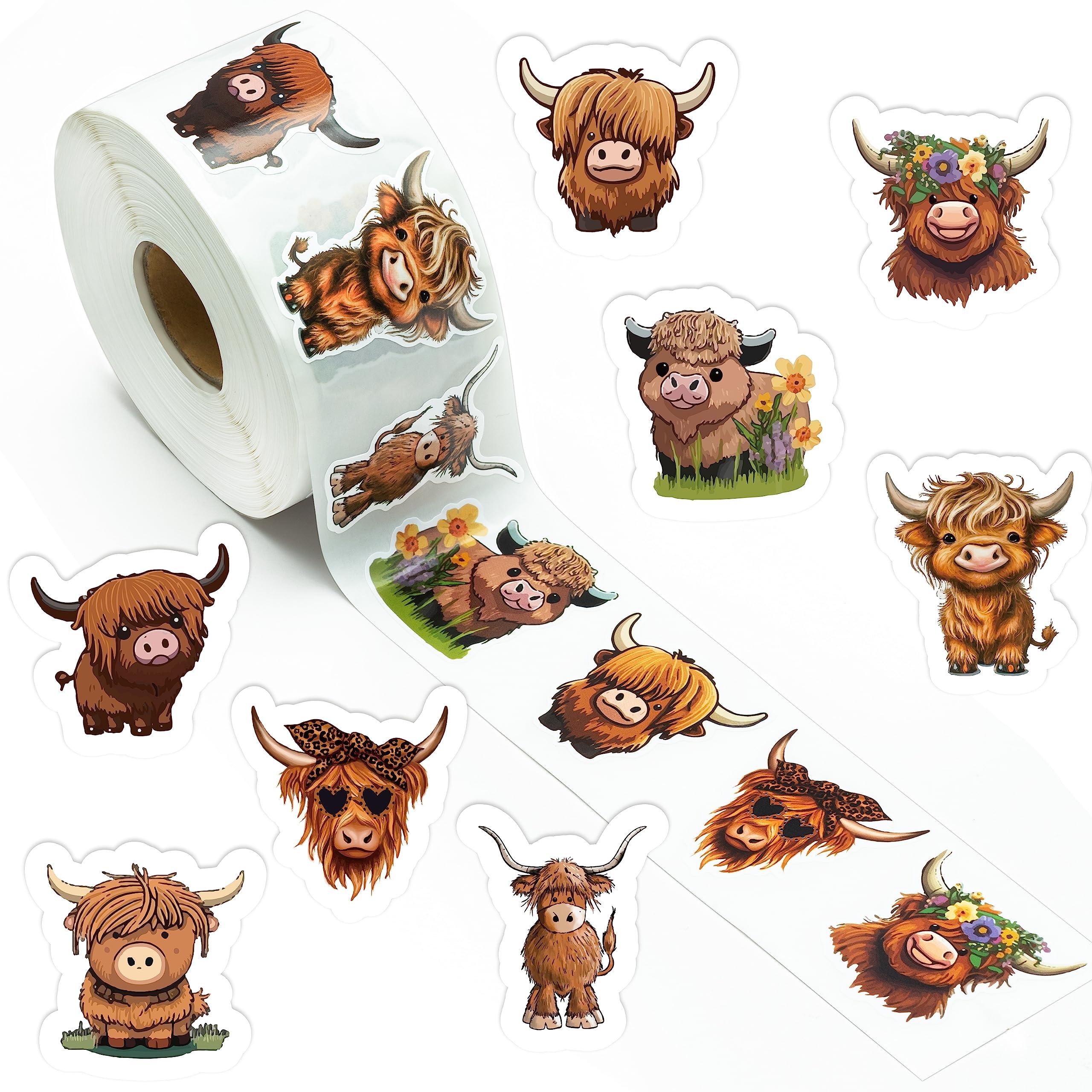 Dvbonike 800Pcs Cute Highland Cow Roll Stickers 8 Style Cartoon Hyland Cattle Decals for Kids, Water Bottle Laptop Scrapbook Luggage Decor Incentive School Classroom Rewards Gift Party Favor Supplies