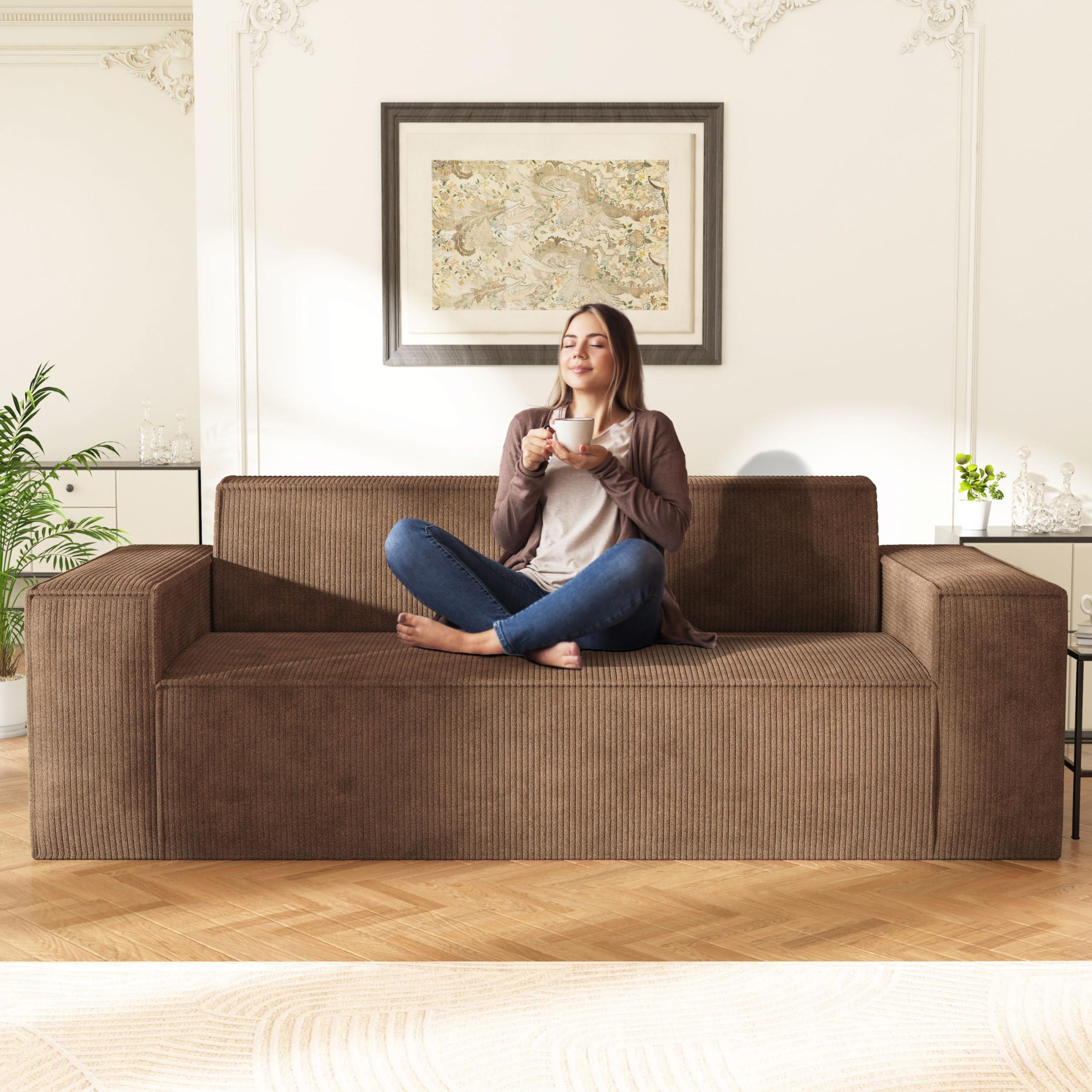 Swbvs Sofa-in-a-Box, Memory Foam 3-Seater Couch, No Installation & Easy to Transport, Deep Seat Modern Sofa with Corduroy Fabric, Couch for Living Room, Bedroom, Apartment, Home Office, Brown - Image 6