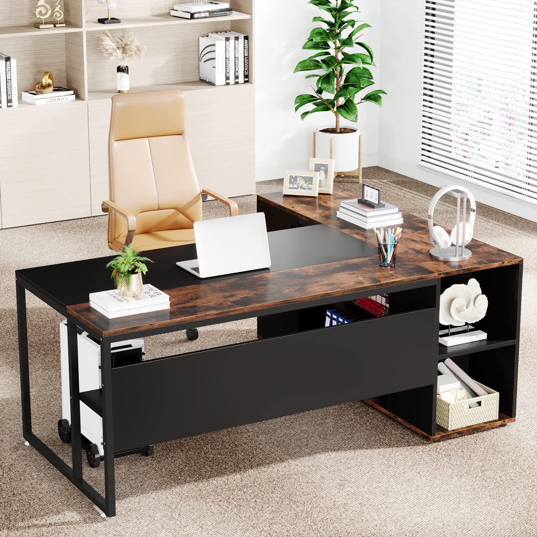 Tribesigns 71 inch Executive Desk, L Shaped Desk with Cabinet Storage, Executive Office Desk with Shelves, Business Furniture Workstation for Home Office, Brown and Black - Image 5