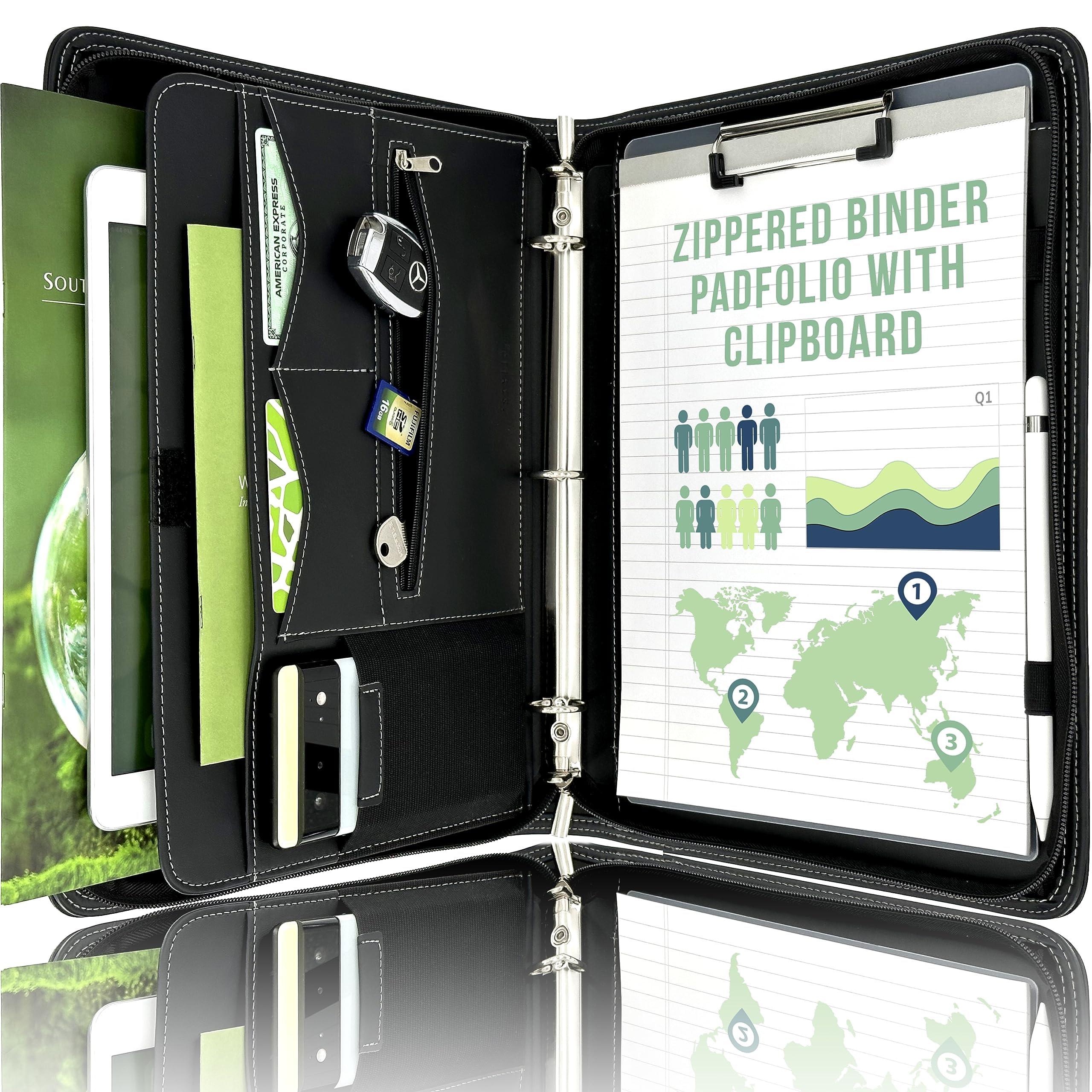 STYLIO Zipper Portfolio Binder | Padfolio 3 Ring Binder (1") and Clipboard Folio (Removable) | Portfolio Organizer for Documents, iPad, Tablet, Phone | Faux Leather Notebook for Men & Women