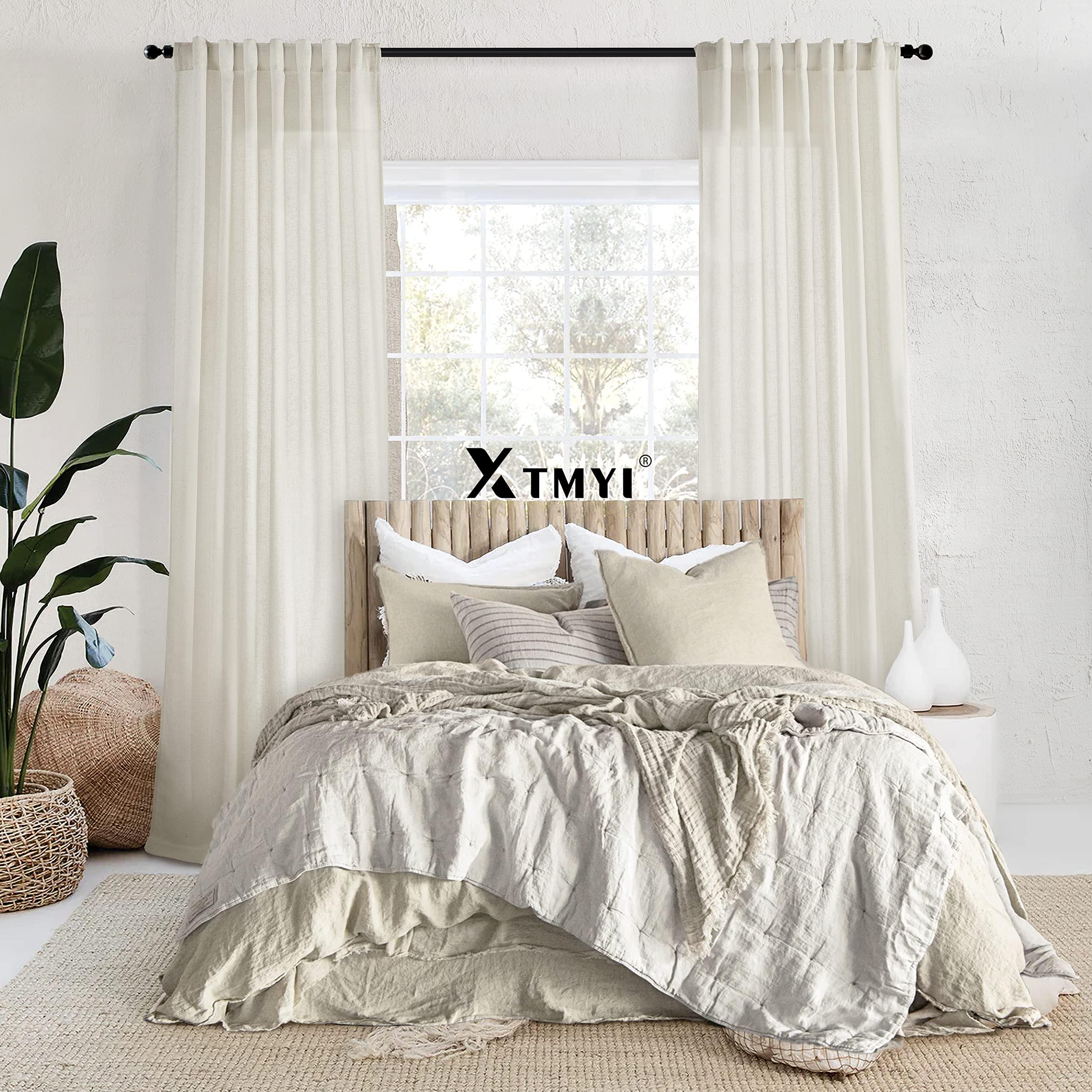 XTMYI Linen Cotton Farmhouse Curtains for Living Room Bedroom 84 Inches Long Two Sheer Hook Belt Pleated Back Tab Birch Off White Ivory Neutral Boho Sour Cream Curtain Drapes 84 Length 2 Panels Set - Image 8
