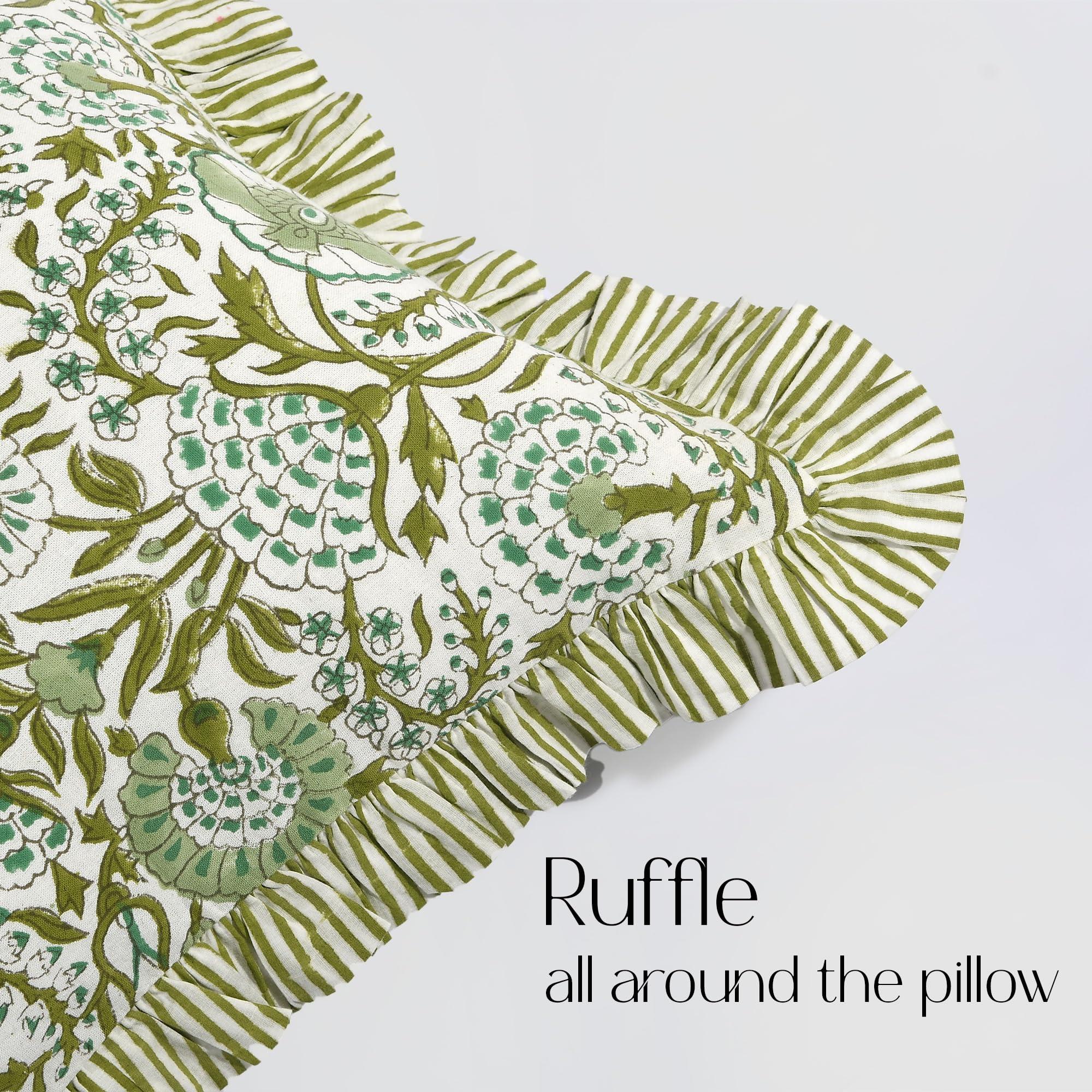 CPC Agate Green 100% Cotton Block Print Ruffle Sham Cover 14x36 inch, Handmade Boho Floral Pillowcase, Farmhouse Cottagecore Bedding, Soft Decorative Cushion Cover for Bedroom Décor - Image 5