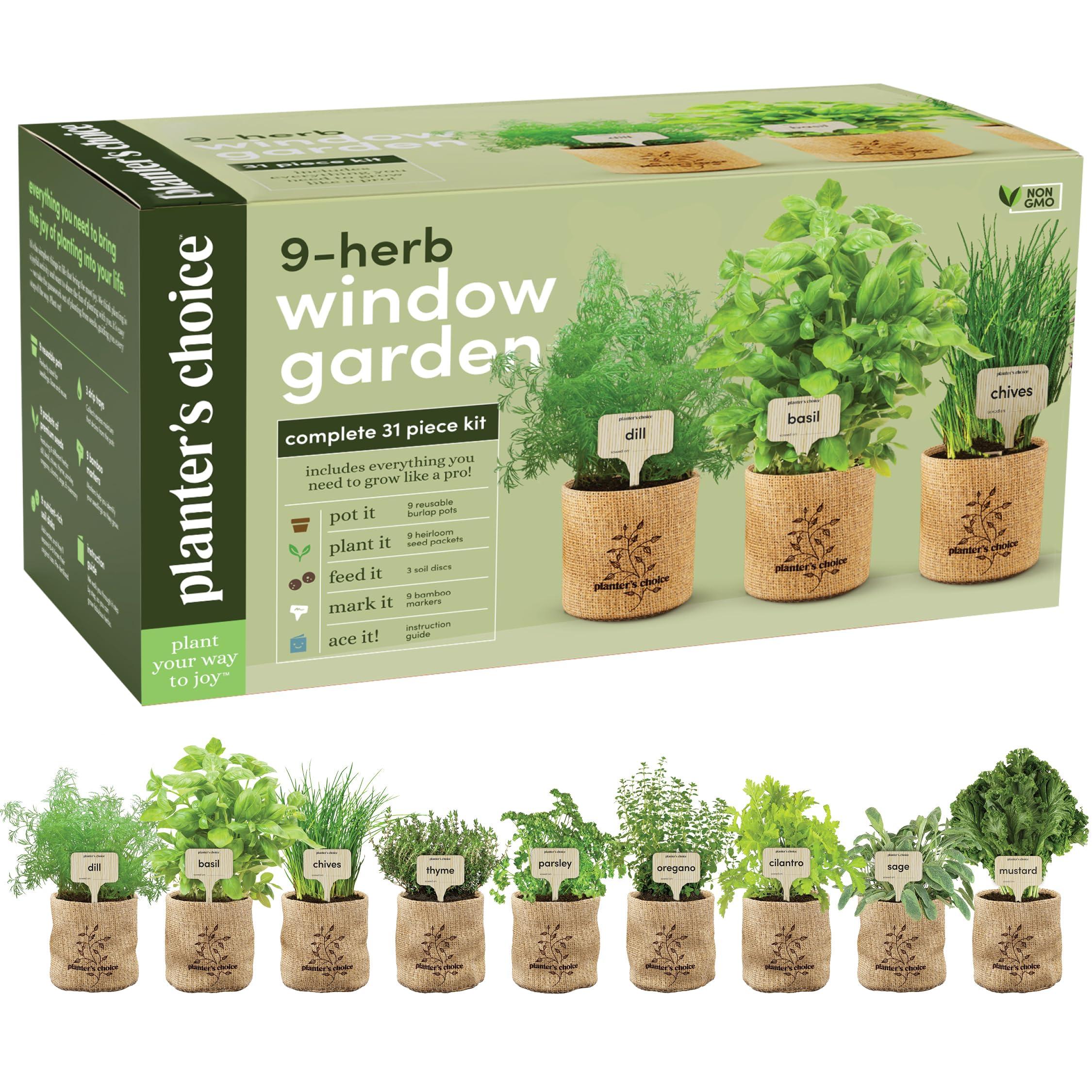 Planters' Choice 9 Herb Indoor Window Garden Kit - House Plants Seeds - Best Unique Gift Ideas for Women,Mom, Friend, Her, Birthday, Housewarming, Mother - New Home Kitchen Gifts - Live Plant Starter