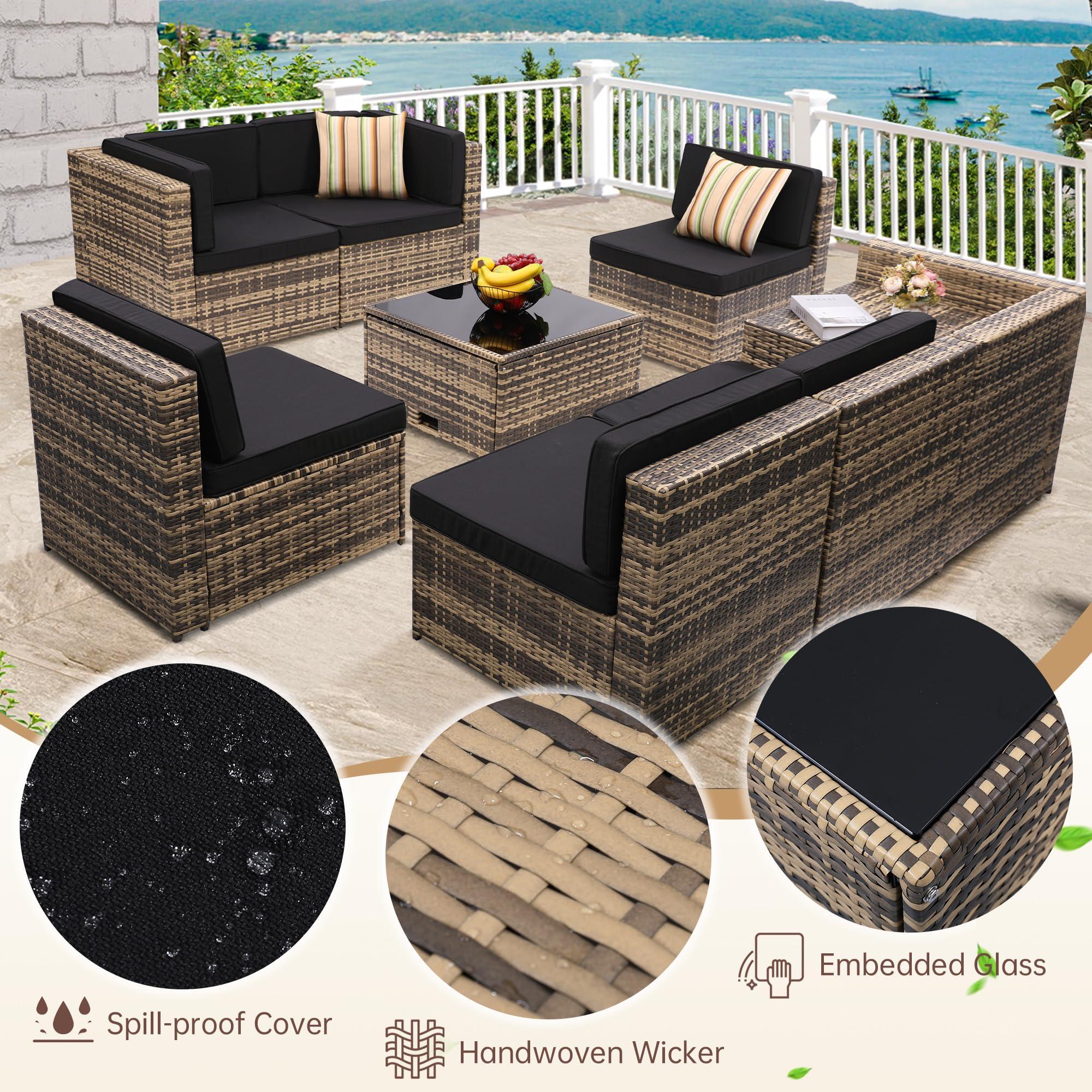 KROFEM 8 Piece Outdoor Wicker Patio Furniture Sectional Set, Glass Top Table with Hidden Storage, Includes 7 Seating Components, Natural Rattan with Black Overstuffed Cushions - Image 6