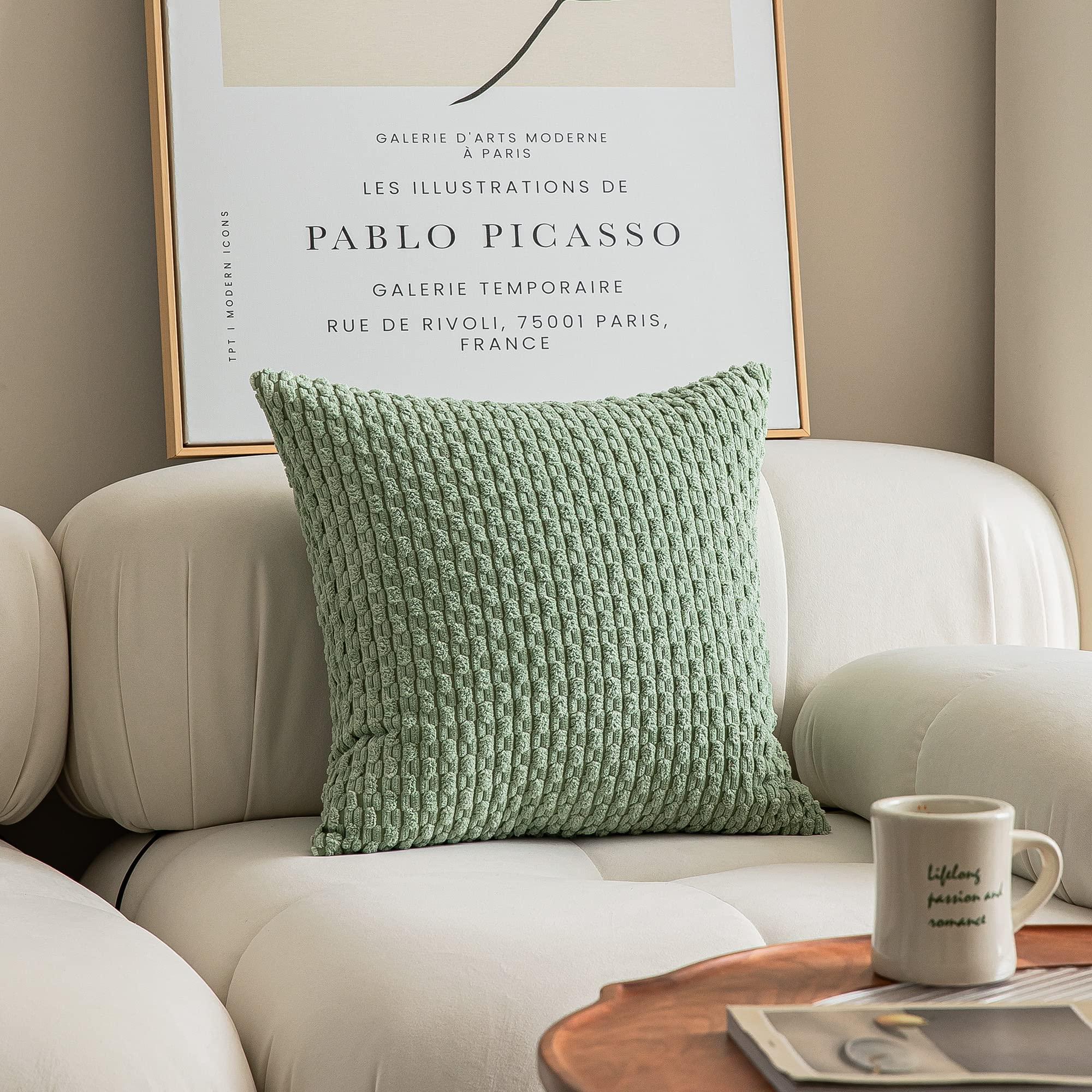 Kevin Textile 2 Packs Decorative Throw Pillow Covers 18x18 Inch for Living Room Couch Bed Spring Sofa Soft Striped Corduroy Square Cushion Case 45x45 cm Farmhouse Boho Home Decor Sage Green - Image 2
