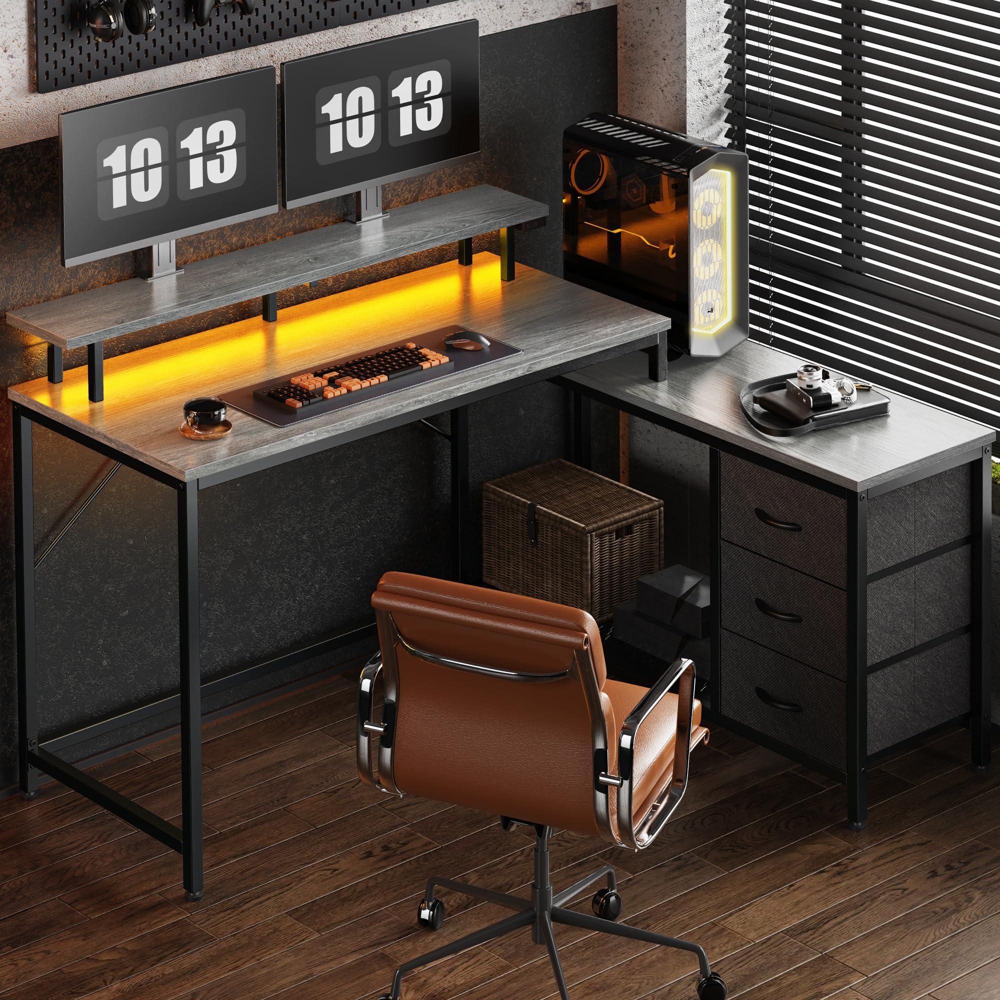 Huuger Reversible L Shaped Computer Desk with Drawers, Gaming Desk with LED Lights and Power Outlets, Office Desk with Storage Shelves, Corner Desk with Monitor Stand, for Home & Office, Gray