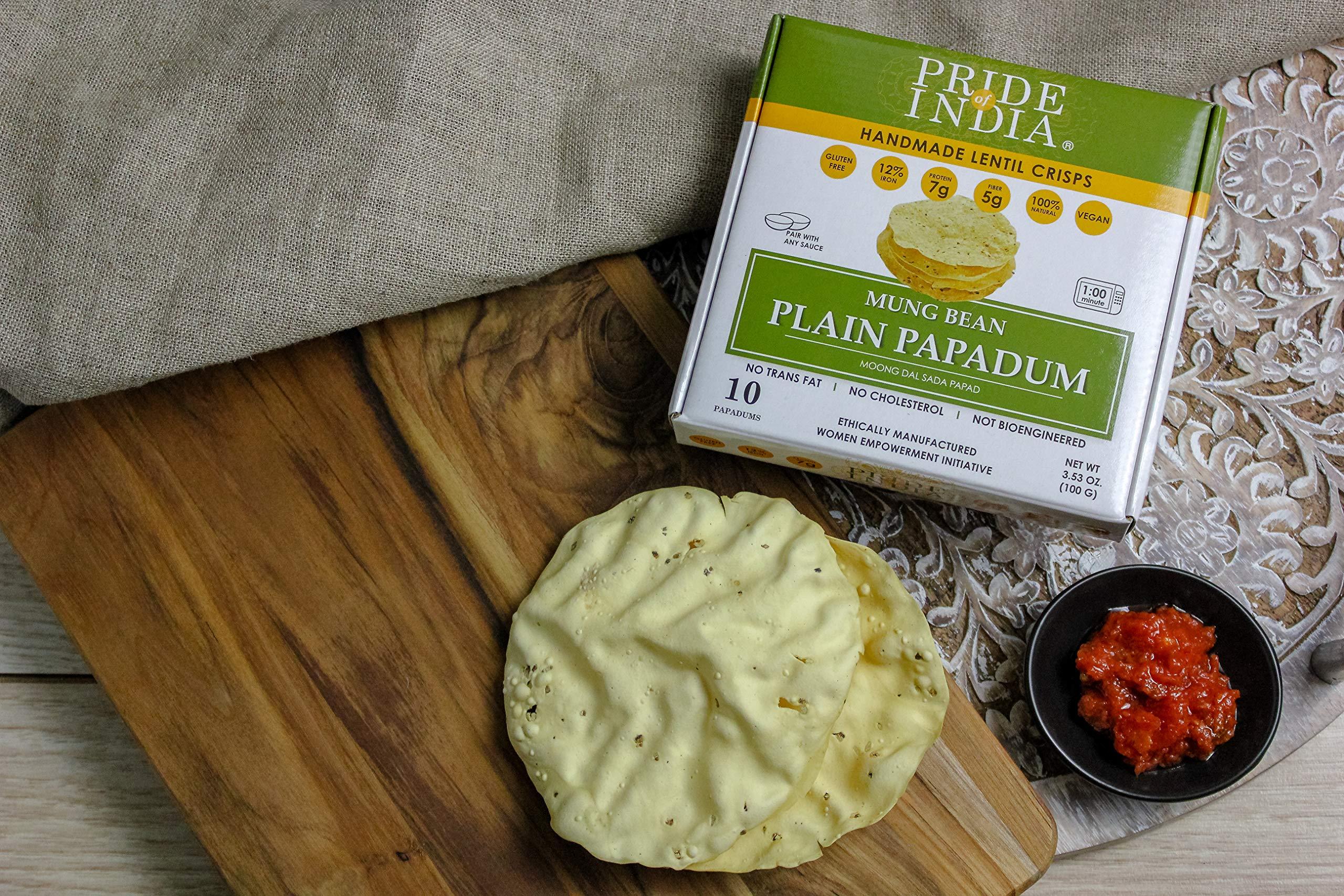 Pride Of India - Mung Bean Plain Papadum Lentil Crisp, 10 count (3.53oz - 100gm) - Plant Based Protein Snack, Gluten-Free Vegan Crackers, Healthy Bean Chips, Traditional Handmade Indian Low Carb Food - Image 4