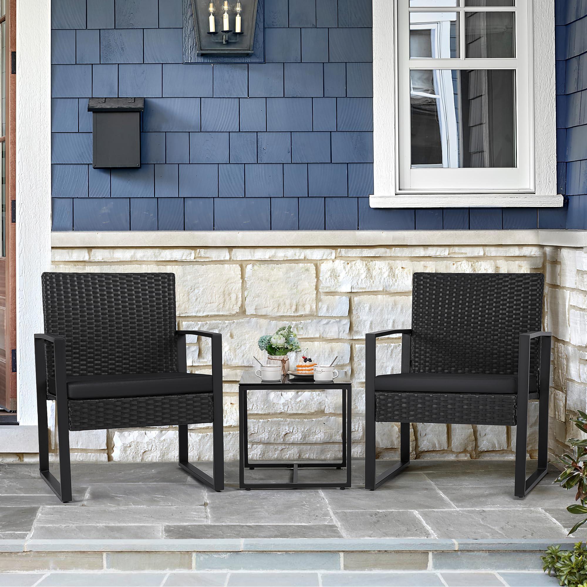 Flamaker 3 Pieces Patio Set Outdoor Wicker Furniture Sets Modern Rattan Chair Conversation Sets with Coffee Table for Yard and Bistro (Black) - Image 2