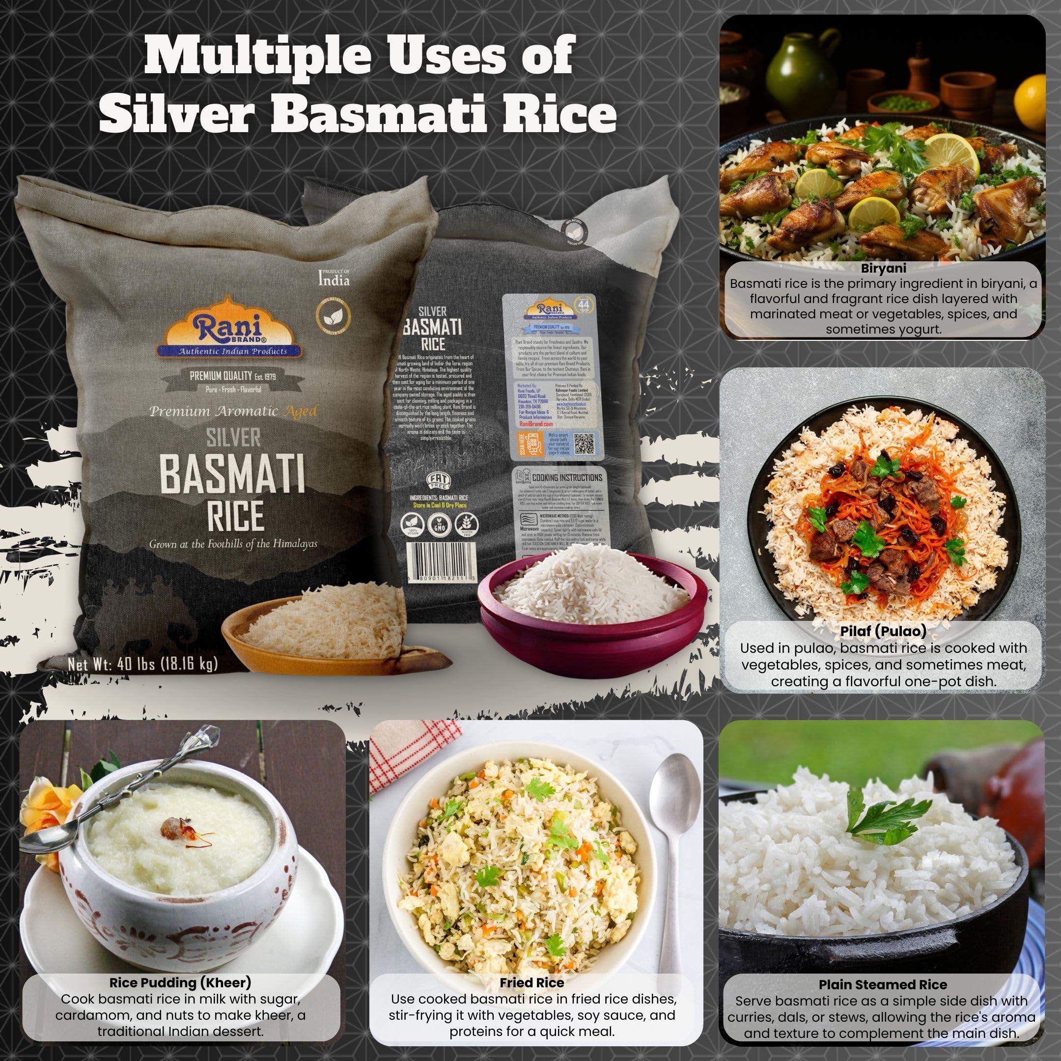Rani Silver White Basmati Rice Extra Long Aged 40-Pound Bag, 640oz (40lbs) 18.16kg ~ All Natural | Gluten Friendly | Vegan | Indian Origin | Kosher | Export Quality - Image 4