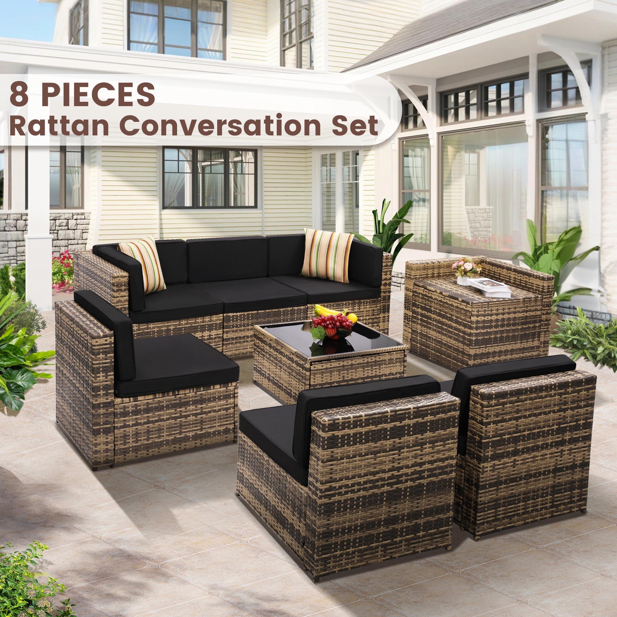 KROFEM 8 Piece Outdoor Wicker Patio Furniture Sectional Set, Glass Top Table with Hidden Storage, Includes 7 Seating Components, Natural Rattan with Black Overstuffed Cushions - Image 3