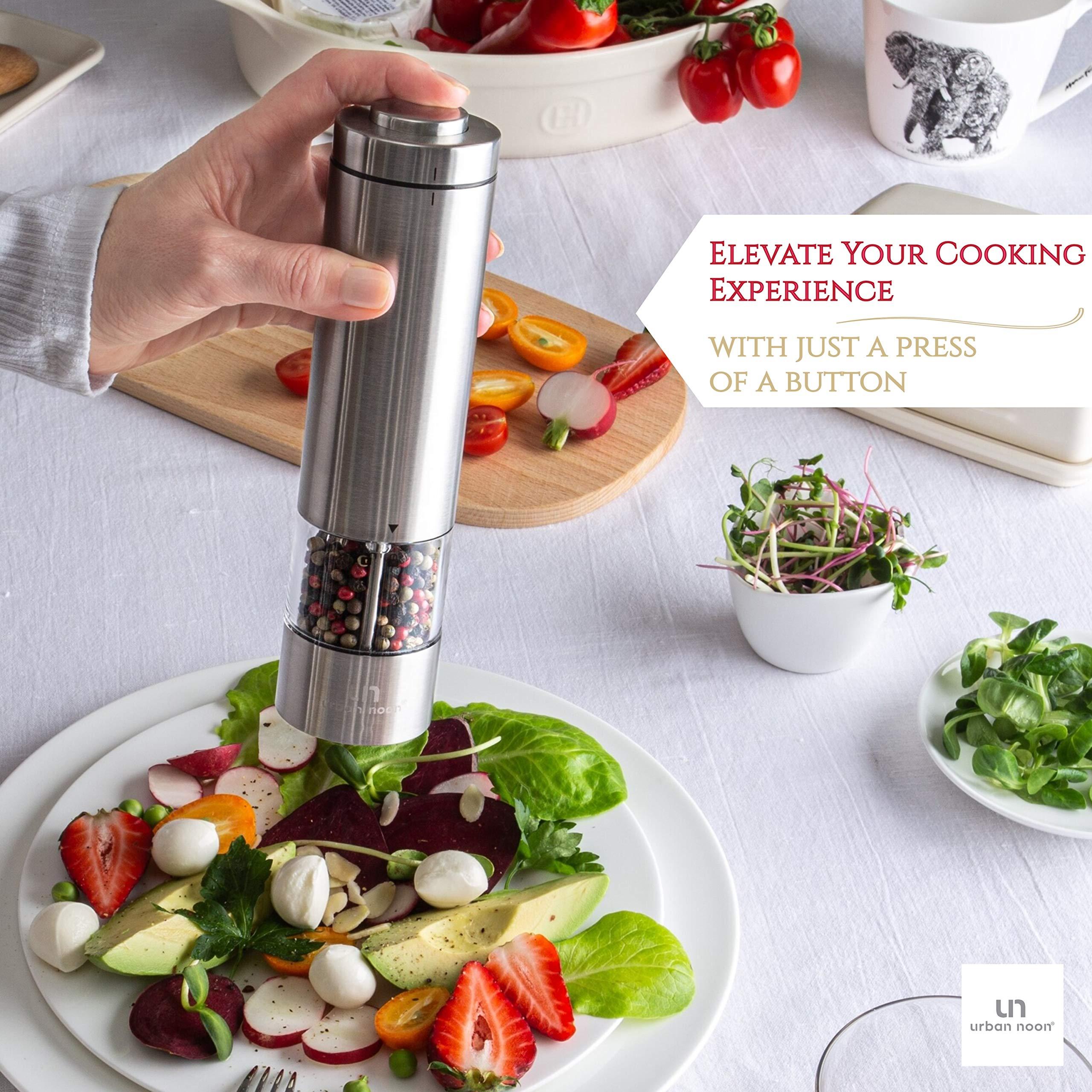 Electric Salt and Pepper Grinder Set - Battery Operated Stainless Steel Mill with Light (2 Mills) - Automatic One Handed Operation - Electronic Adjustable Shakers - Ceramic Grinders - Image 2