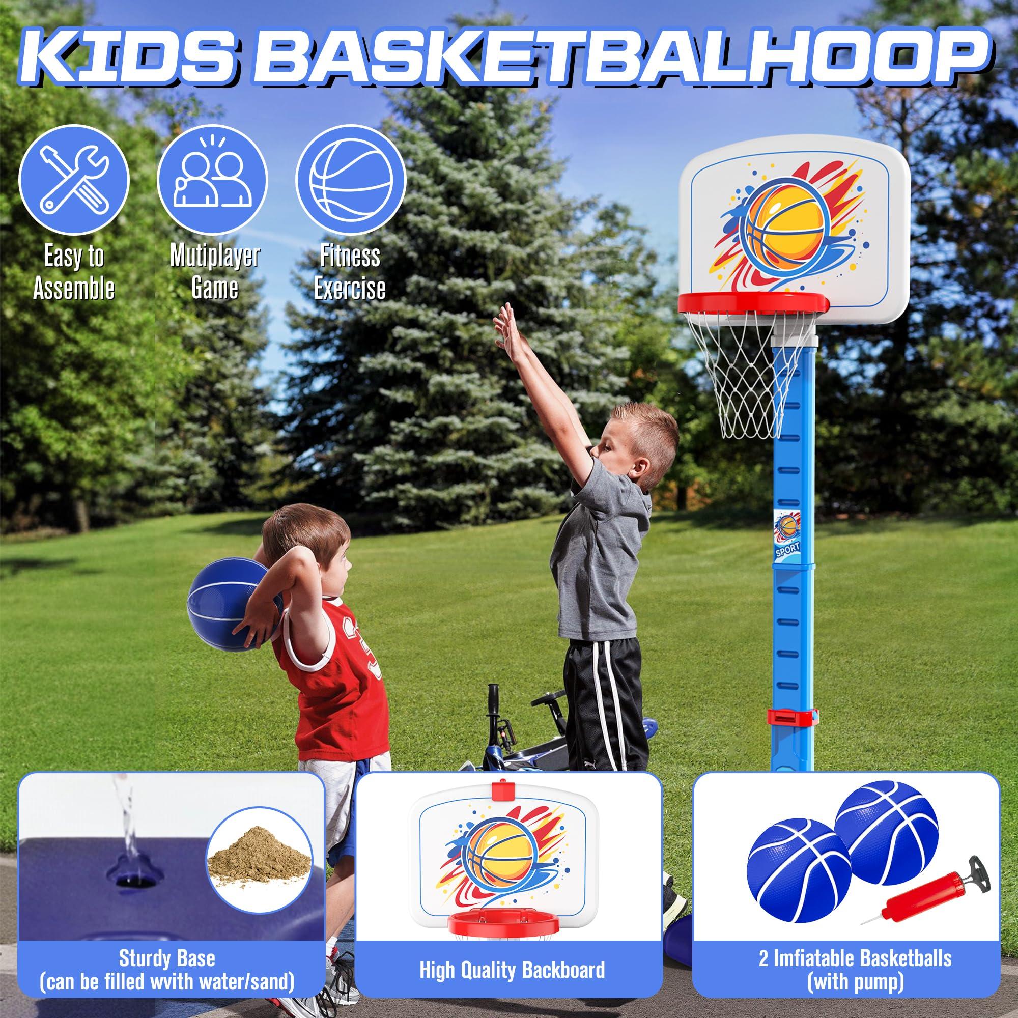 4 in 1 Kids Basketball Hoop and T Ball Set & Ring Toss Game Blue&Pink - Image 3