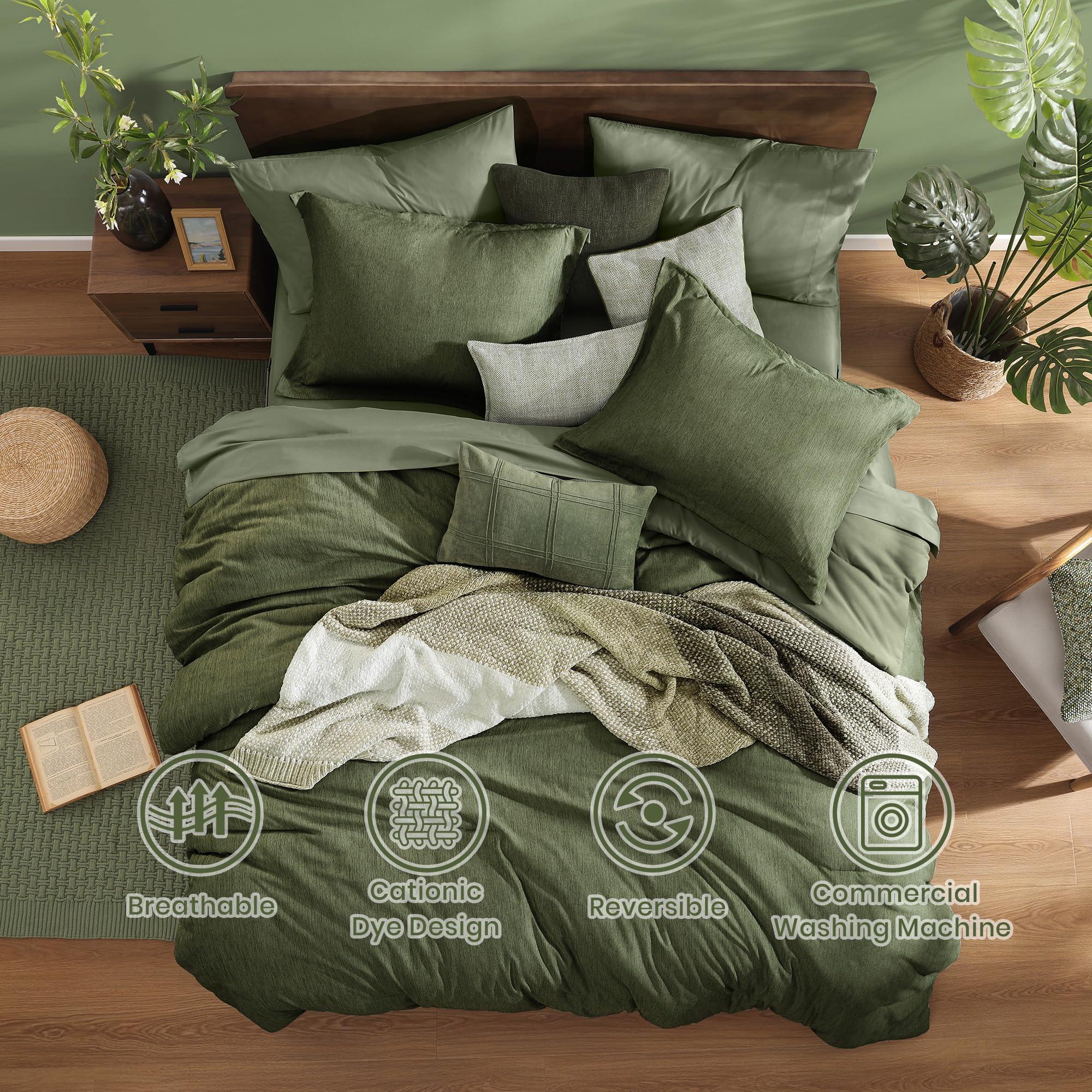 Monbix Queen Comforter Set - 7 Pieces Cationic Dyeing Olive Green Bed in a Bag Queen Bedding Sets with Comforter, Sheets, Pillowcases & Shams, Reversible Bedding Comforters Sets - Image 2