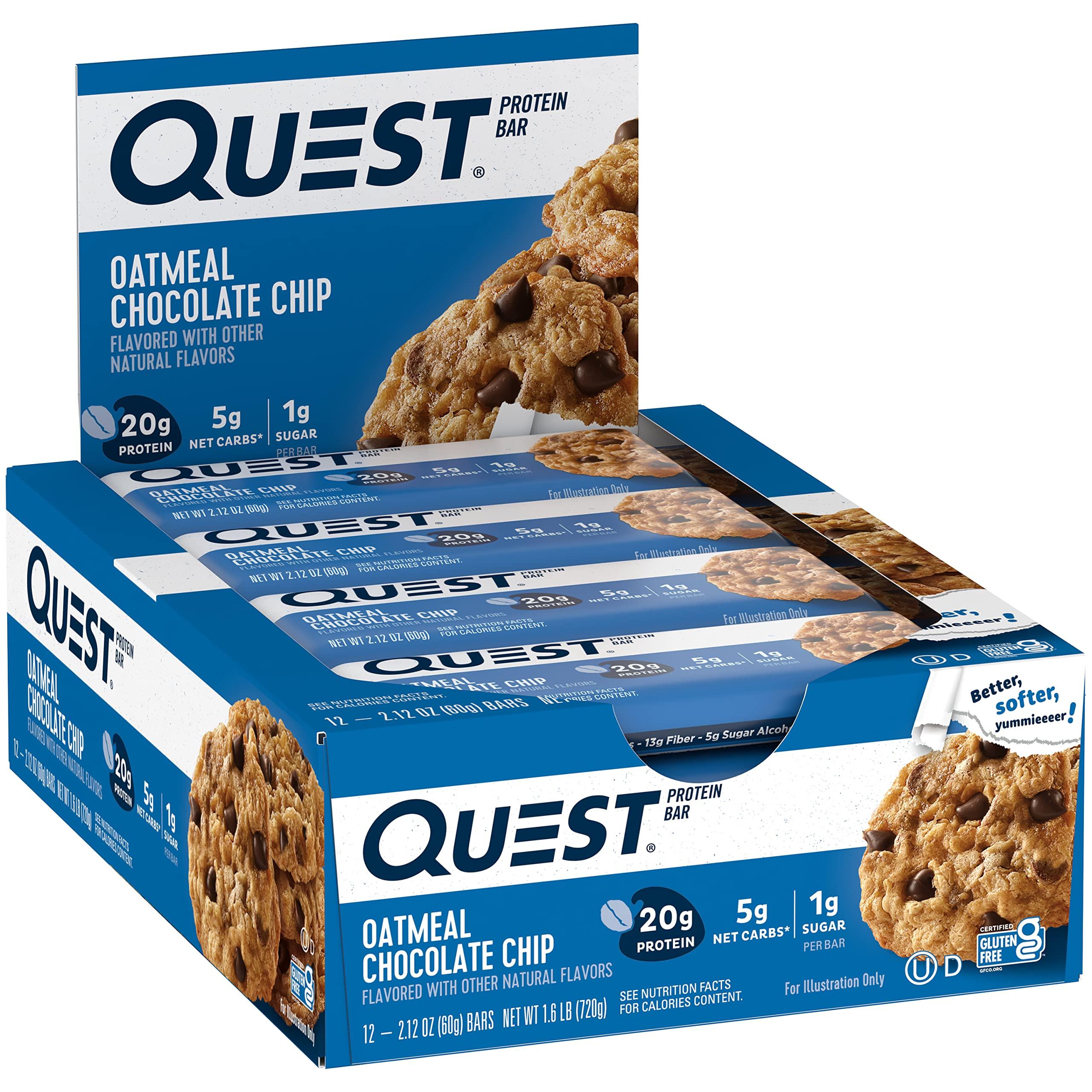 Quest Nutrition Oatmeal Chocolate Chip Protein Bars, 20g Protein, 1g Sugar, 5g Net Carb, Gluten Free, Keto Friendly, 12 Count - Image 2