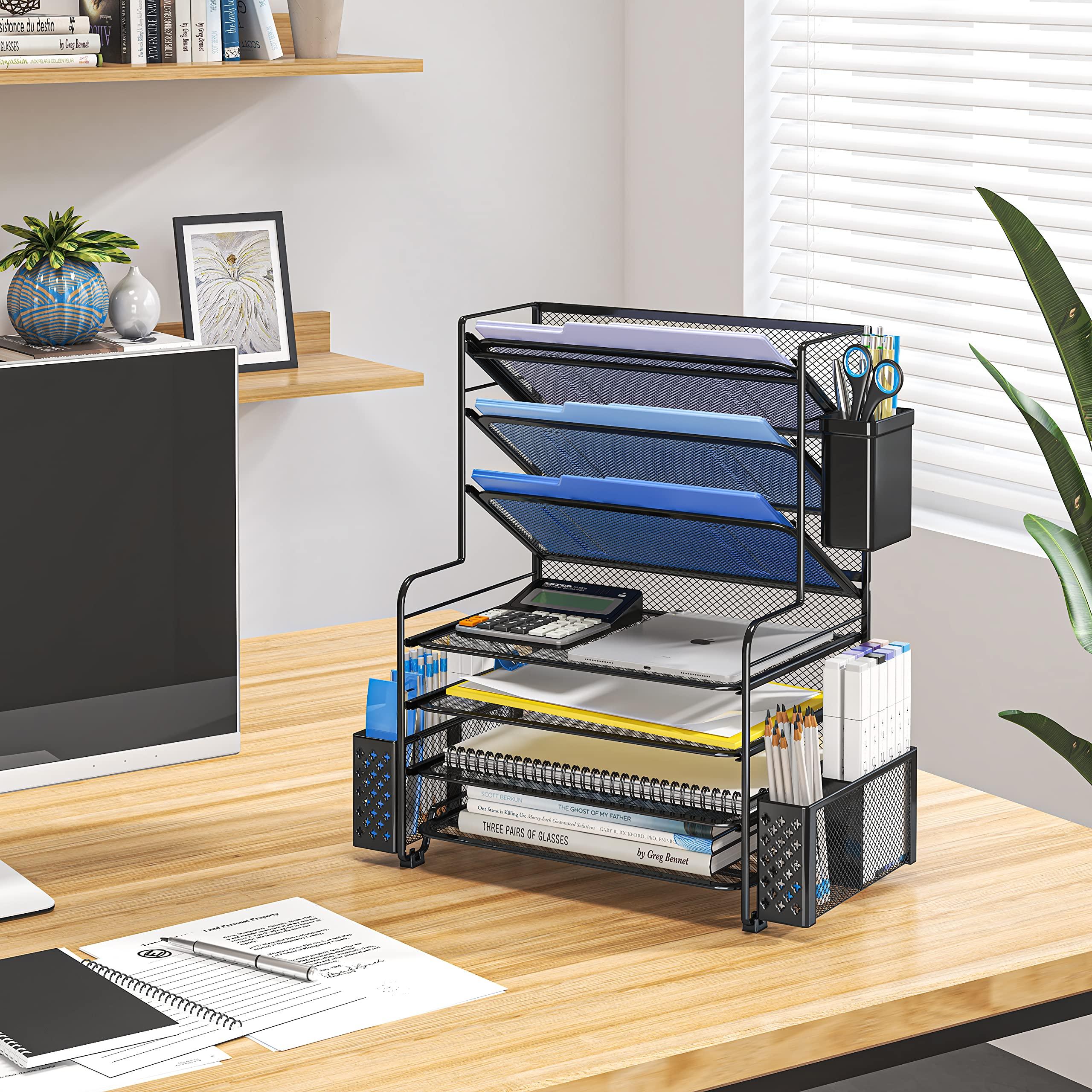 Simple Trending 7 Tier Desk File Organizer, Letter Tray Paper Organizer with Pen Holder and Metal Hanging Basket, Black - Image 6