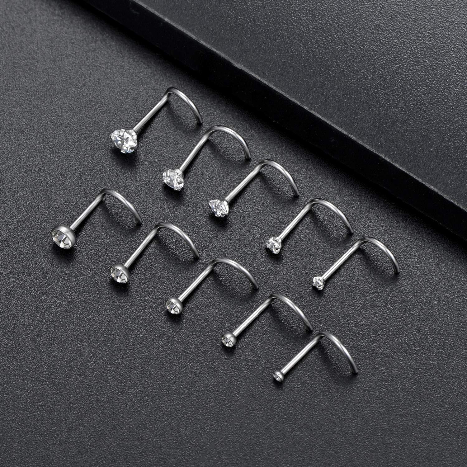 Tornito 20G 10Pcs Stainless Steel L Screw Bone Shaped Nose Studs Rings Square Round CZ Nose Ring Labret Nose Piercing Jewelry for Men Women Silver Tone 1.5mm-2mm-2.5mm-3mm-3.5mm CZ - Image 4