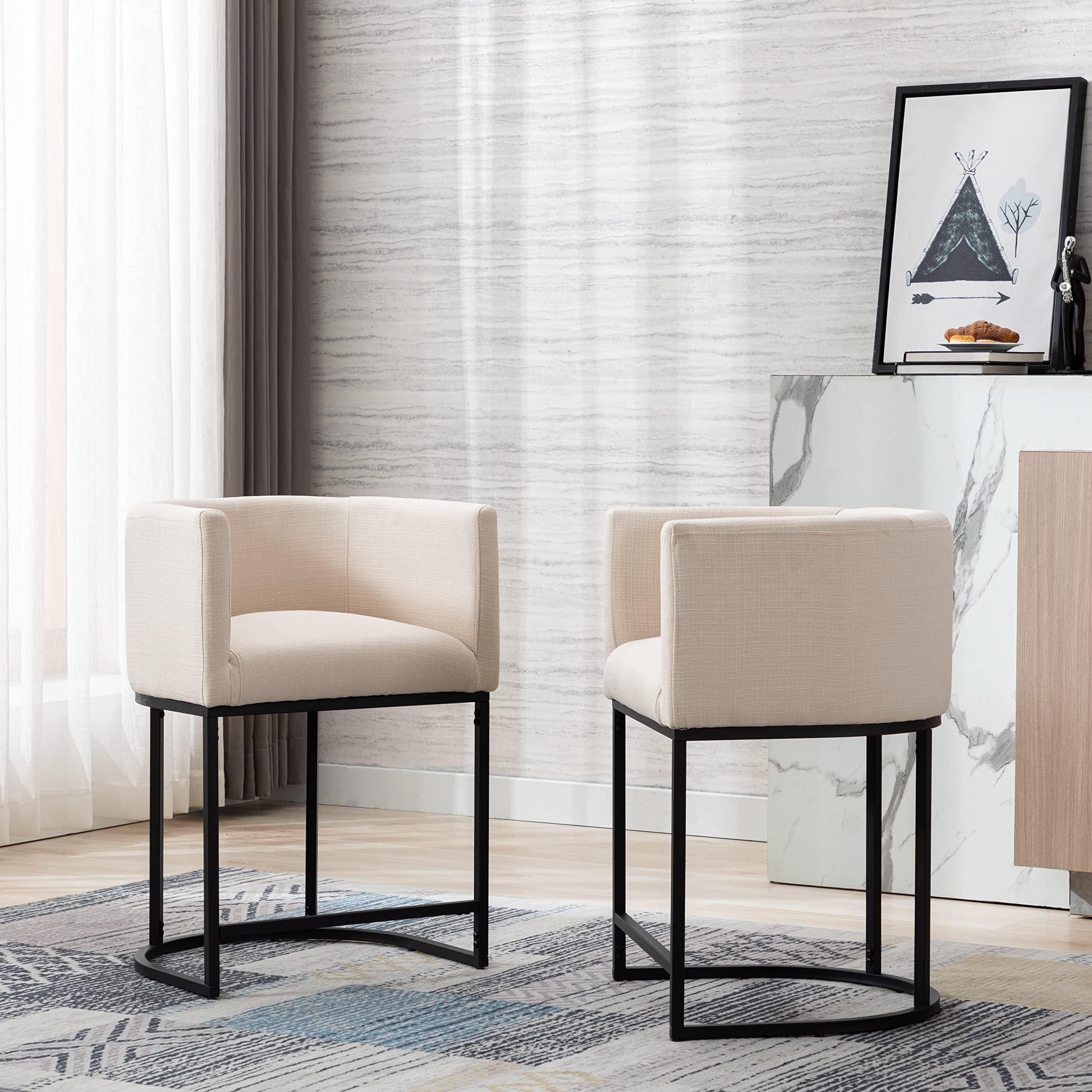RIVOVA Contemporary Cream Linen Bar Stools Set of 3, 24" Upholstered Fabric Counter Height Barstools Kitchen Counter Island Stools with Screwed Together Black Metal Base - Image 7