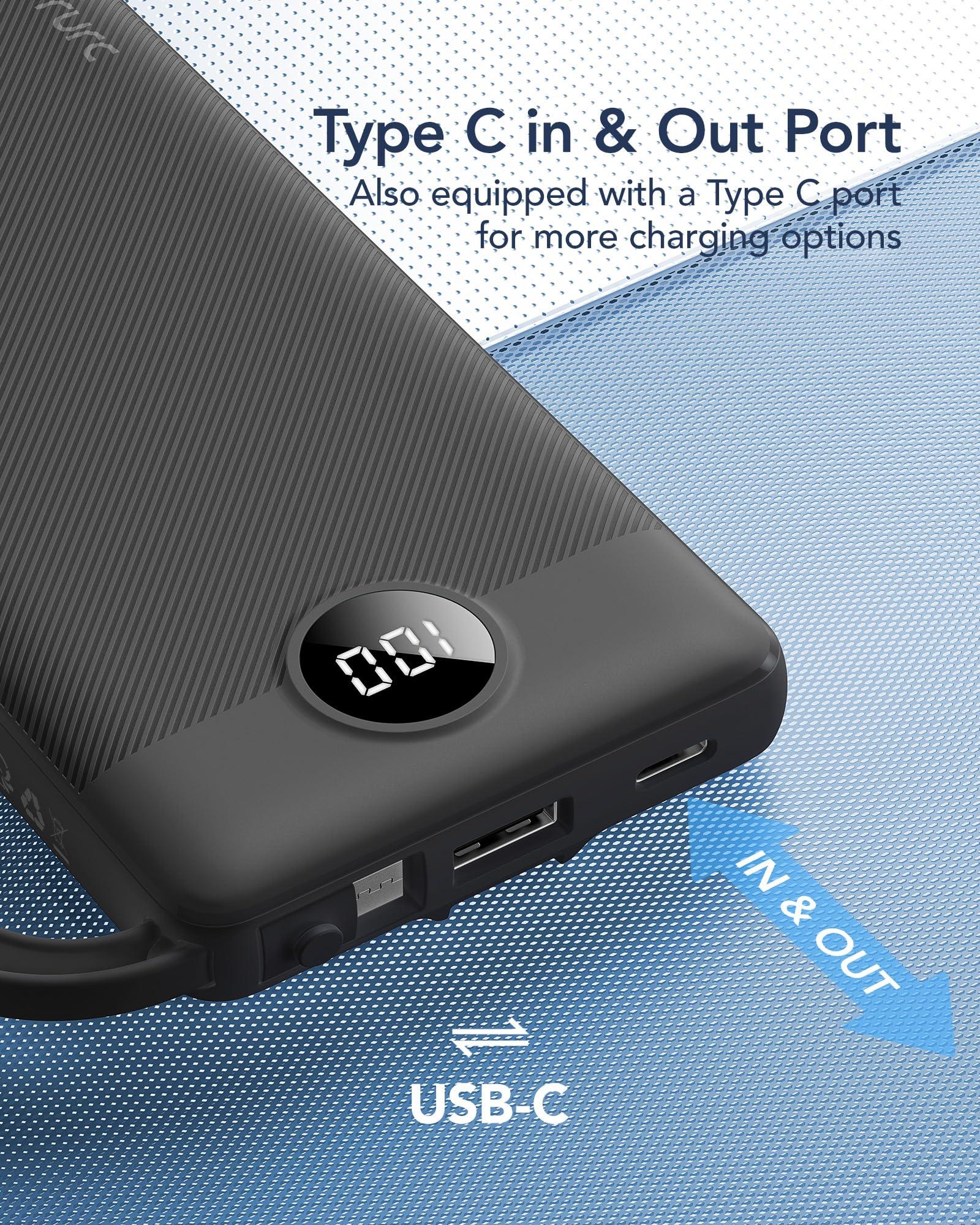 VRURC Portable Charger with Built in Cables, 10000mAh Travel Essentials Power Bank, 5 Output 2 Input LED Display External Battery Pack Compatible with iPhone,Samsung,Android-Black(1 Pack) - Image 4
