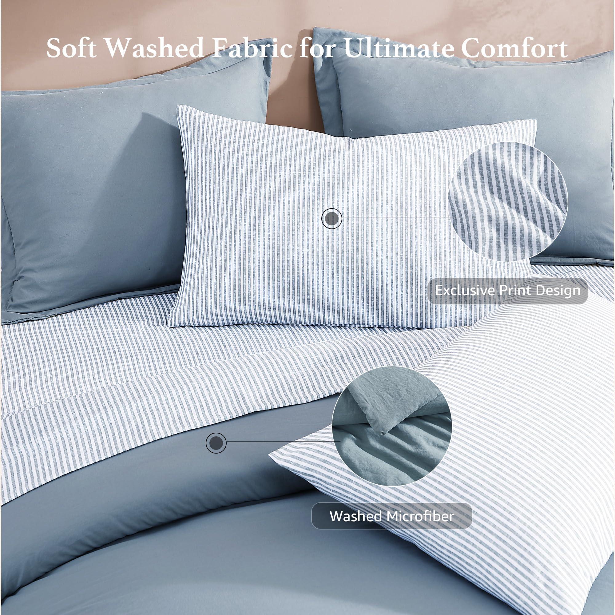 Monbix Queen Comforter Set - 7 Pieces Dusty Blue Prewashed Bed in a Bag Queen Bedding Sets with Comforters, All Seasons Down Alternative Comforter Bed Set with Sheets,Pillowcases & Shams - Image 6