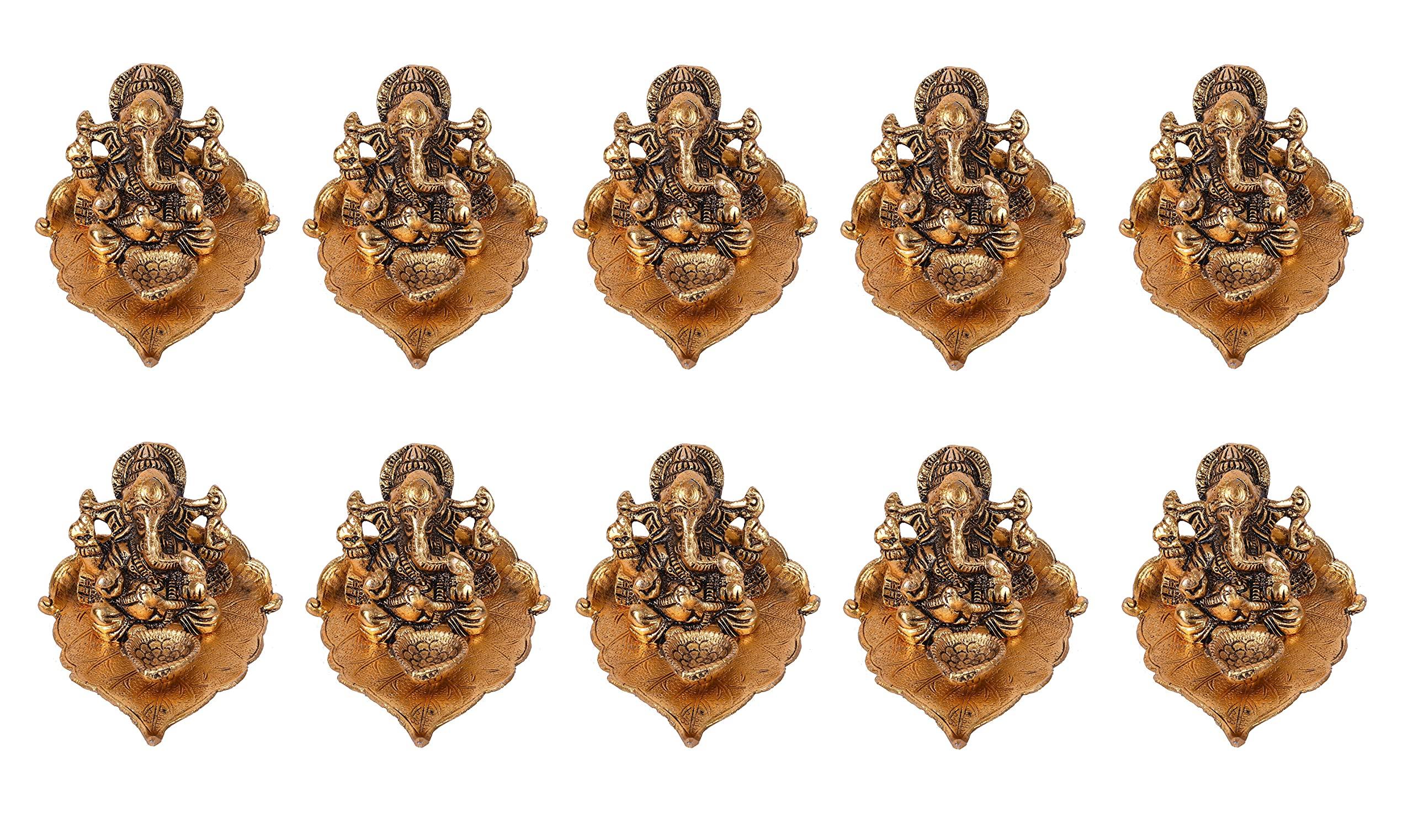 NOBILITY Ganesha on Leaf Statue Gold Ganesh Idol with Diya for Home Office Pooja Puja Diwali Decorative Wedding Return Gift Items 10 Pcs
