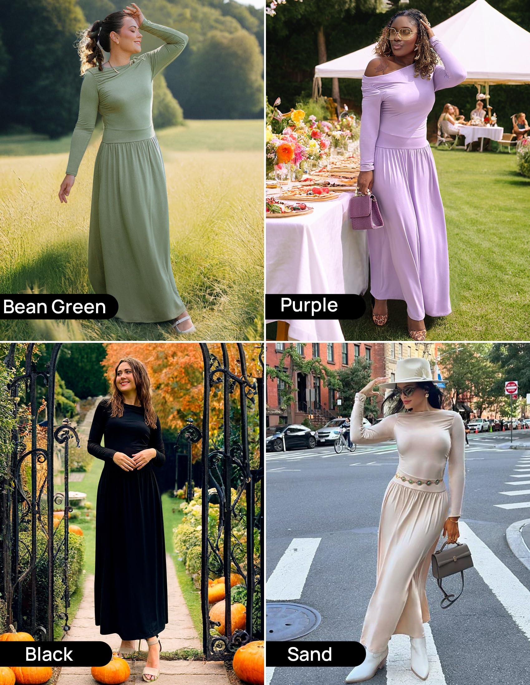 ZESICA Women's Long Sleeve Spring Maxi Dress 2025 Crewneck Knit Casual Slim Swing Pleated Dresses with Pockets - Image 5