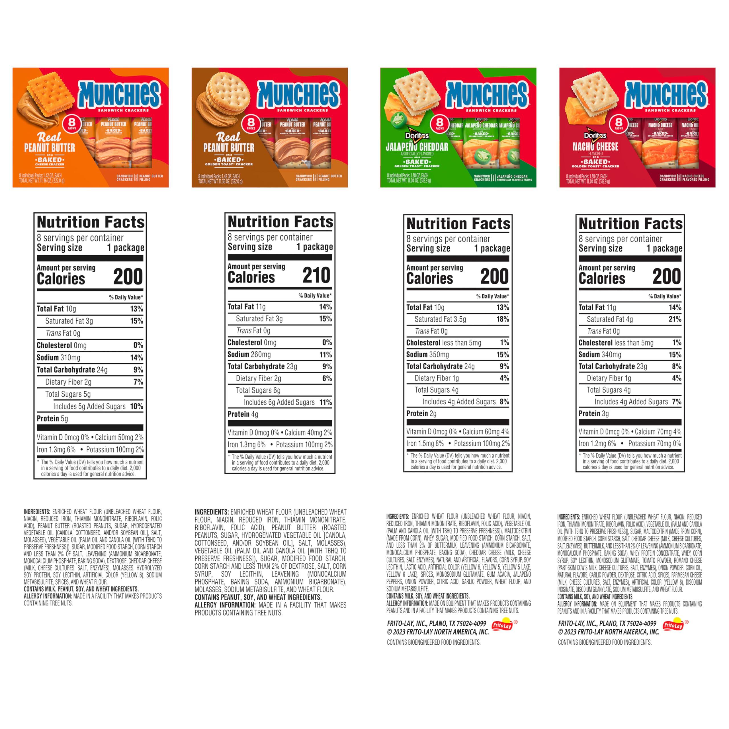 Munchies Baked Sandwich Crackers Variety Pack, Cheese Peanut Butter, Toast Peanut Butter, Doritos Nacho Cheese, and Doritos Jalapeno Cheese (Pack of 32 sleeves) - Image 2