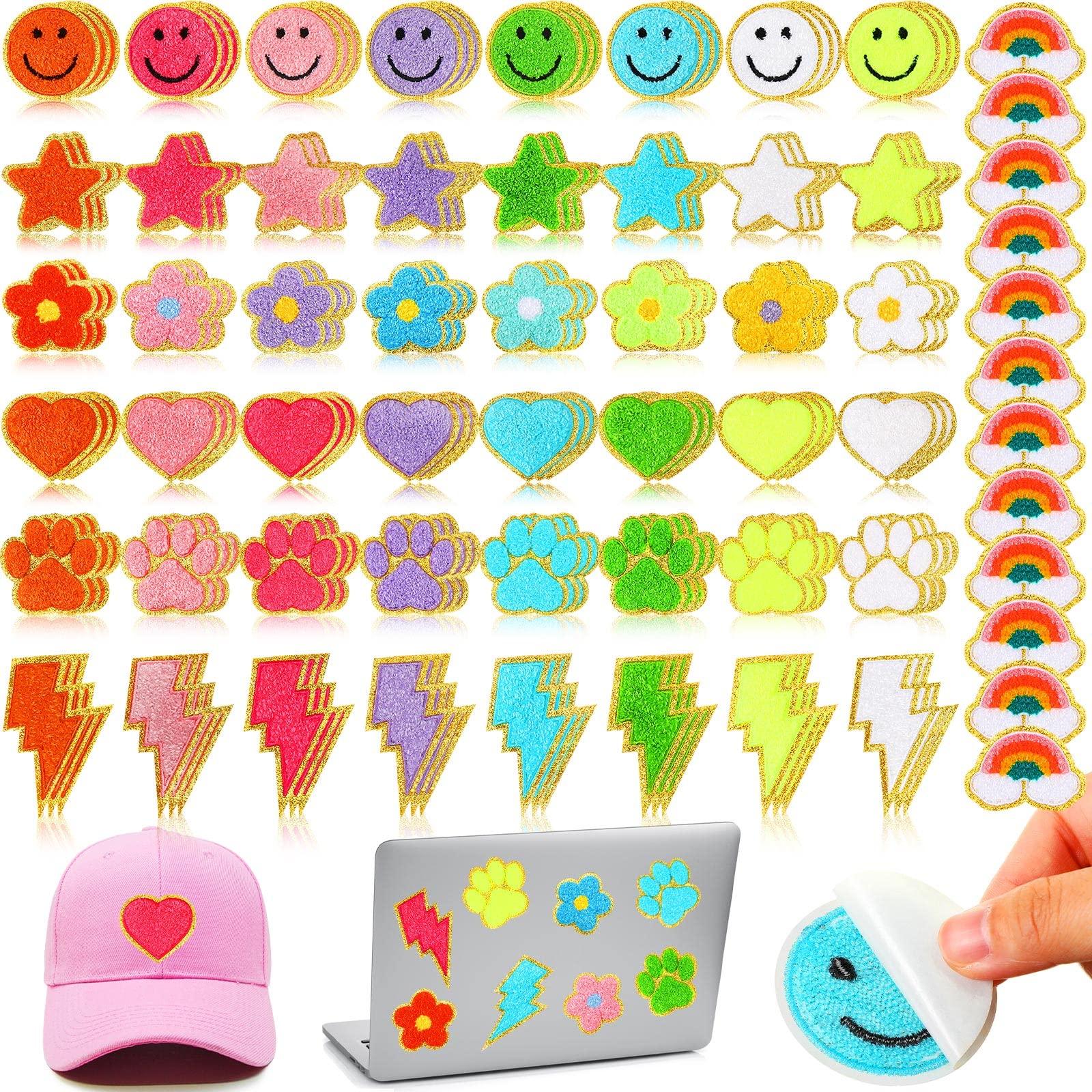 Yilloog 156 Pcs Glitter Self Adhesive Letters Chenille Clothing Patches Embroidered Repair Fuzzy Patches Alphabet Gold Trimmed Preppy Clothing Badges Sewing Appliques(Rainbow, Cute)