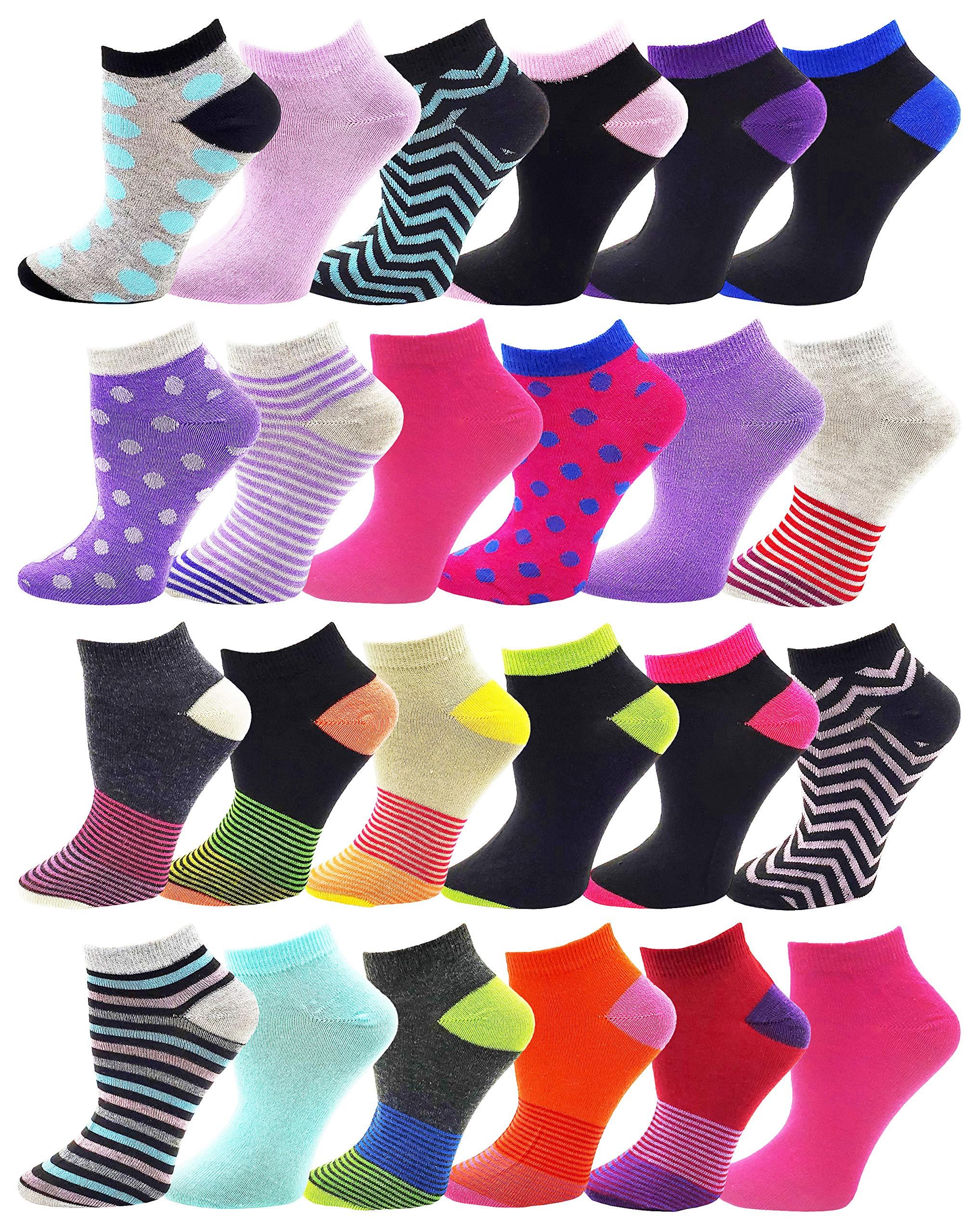 Winterlace 24 Pairs Ankle Socks for Women & Girls Bulk Pack, Fun Cute Low Cut No Show, Colorful Soft