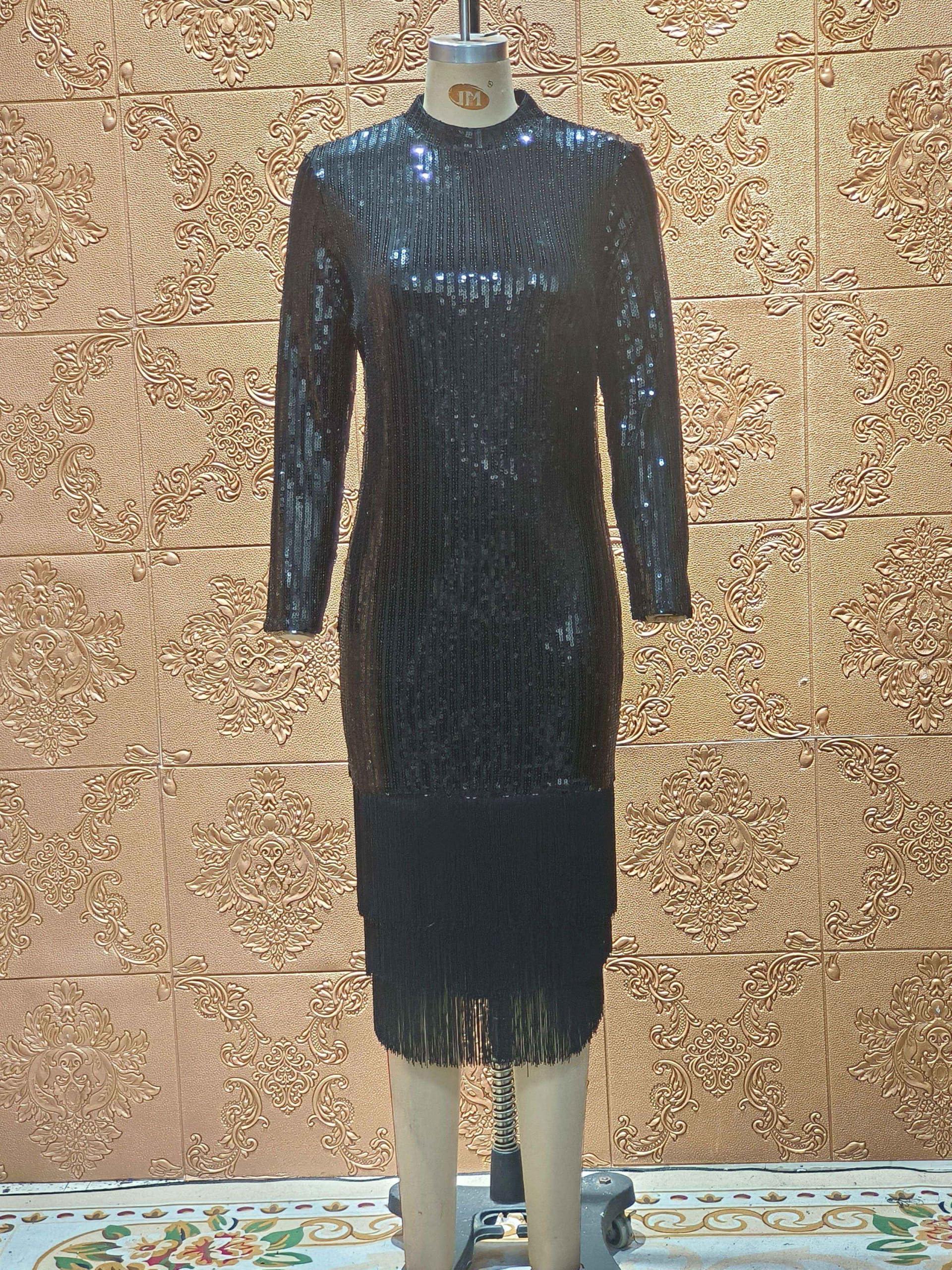 Cololura Sexy Elegant Women Sequin Short Sleeve Tassel Bodycon Midi Dress Party Evening Gown Formal Dress - Image 5